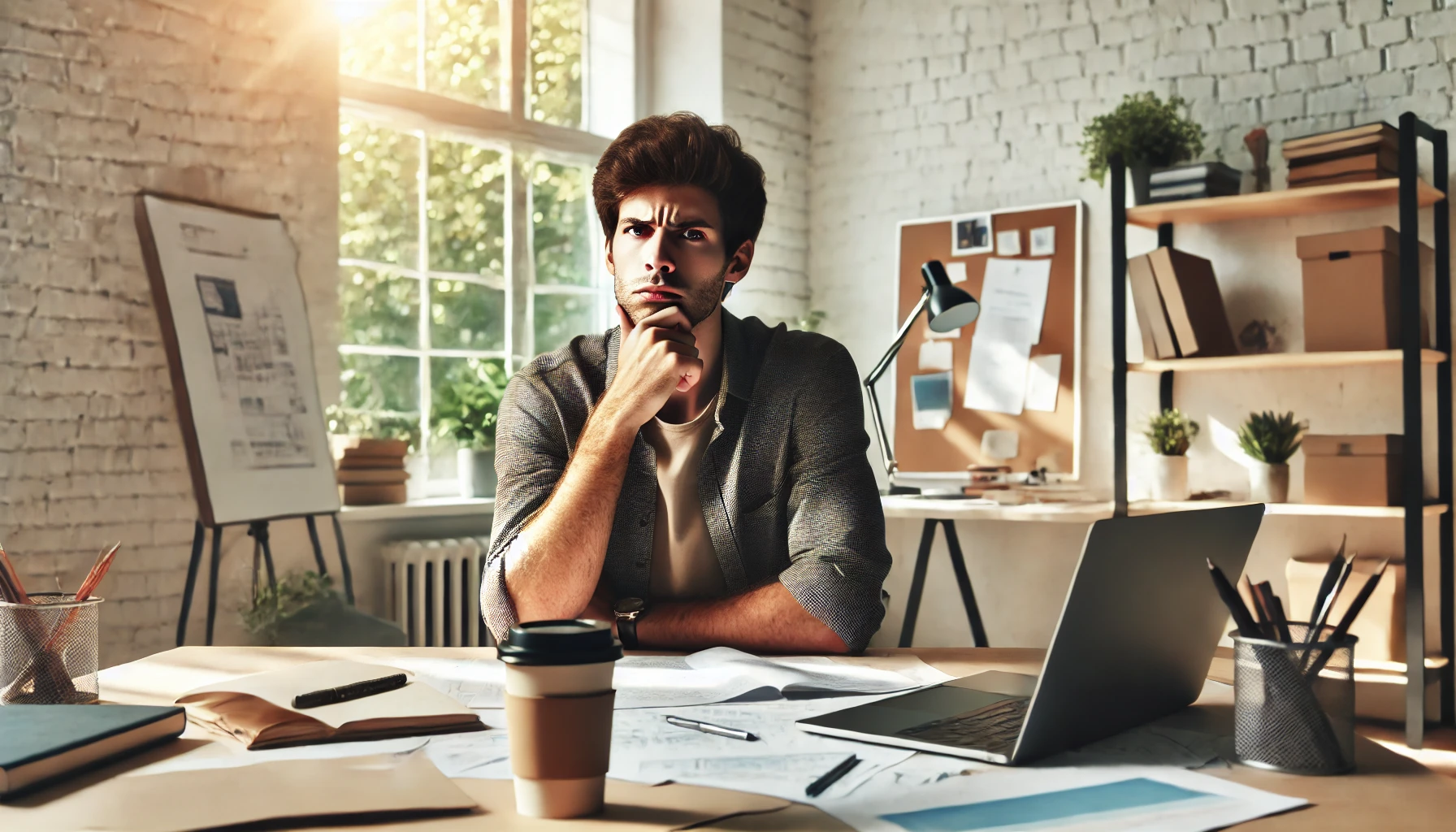A person sitting at a desk in a modern office, looking slightly frustrated while working on a project. The scene includes a laptop, scattered papers, and a coffee cup, with sunlight streaming through a large window, creating a cozy yet professional atmosphere.