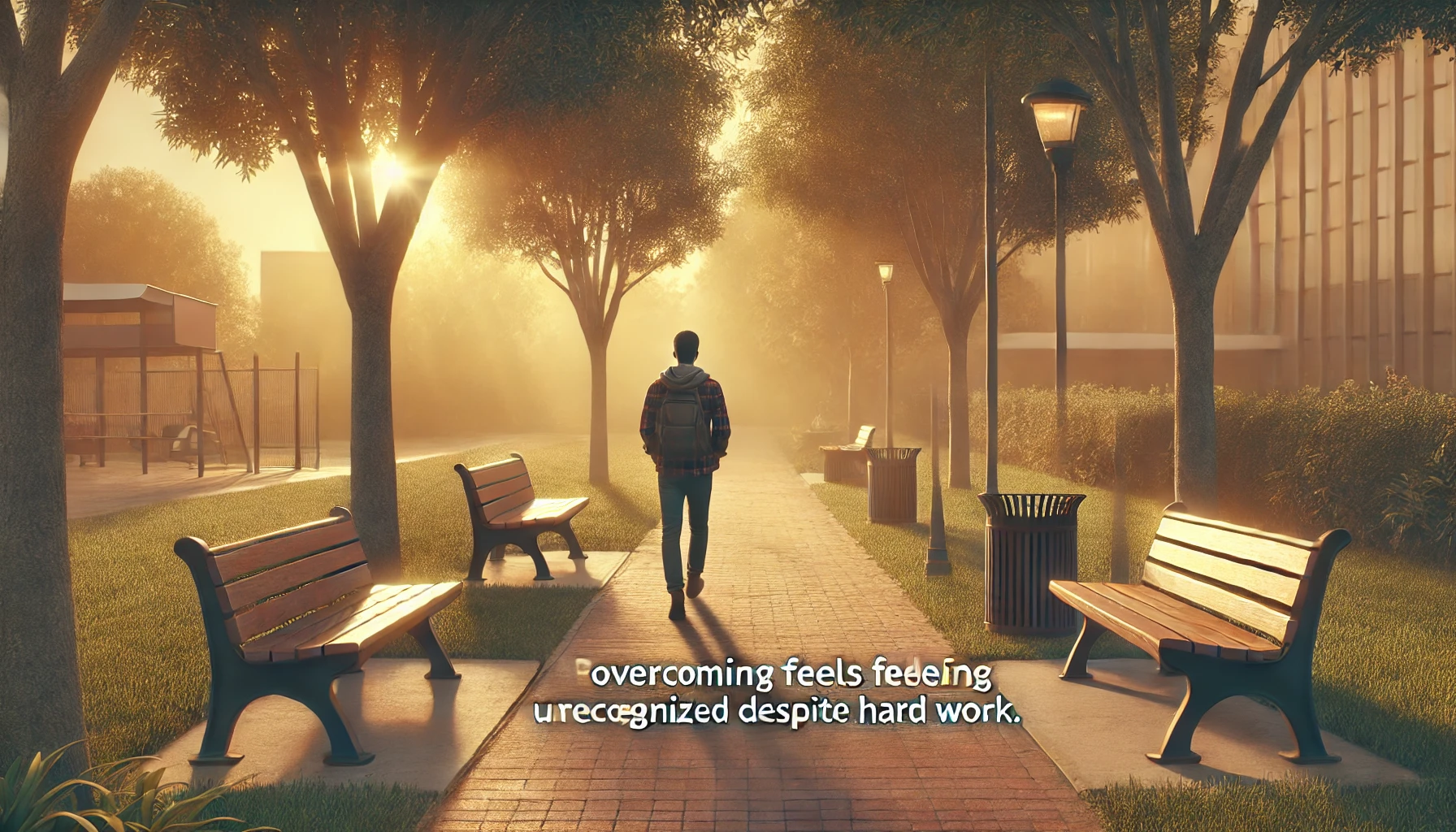 A person walking alone through a peaceful park at sunset, deep in thought. The scene symbolizes the journey of overcoming feelings of being unrecognized despite hard work, with soft golden light adding a sense of hope and introspection.