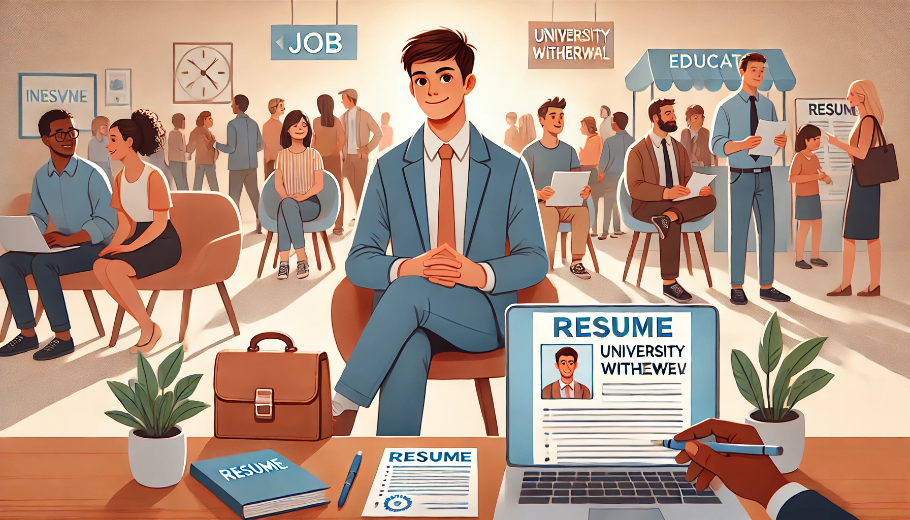 Job Interview Preparation: An illustration of a young professional confidently preparing for a job interview, holding a resume and smiling in a welcoming, modern office setting with warm tones.
