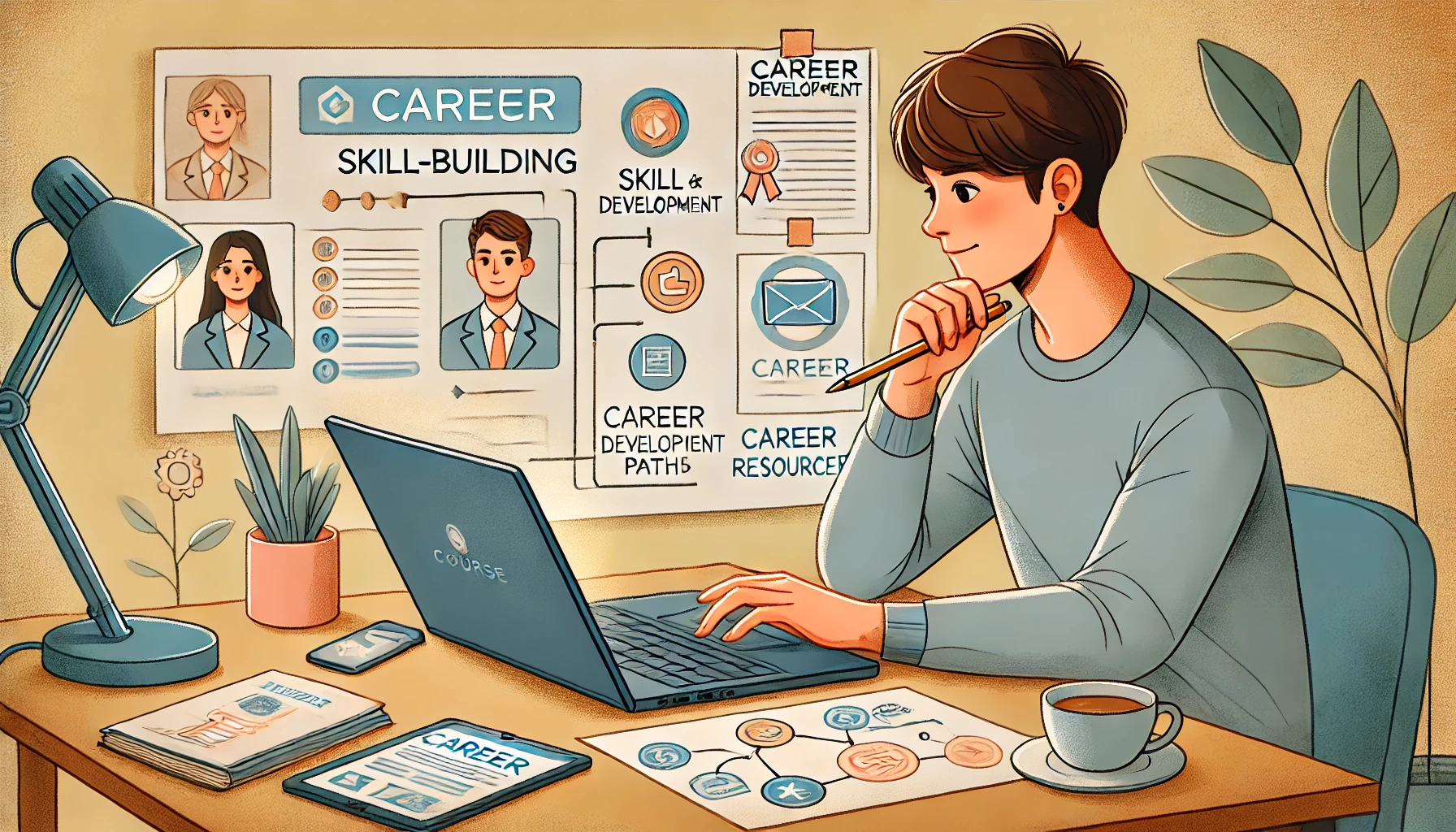 Skill-Building with Online Course: An illustration showing a young person taking an online course on their laptop, focused on building career-related skills. The workspace is organized and well-lit, with certificates and notes around the laptop screen, indicating a motivational setting.