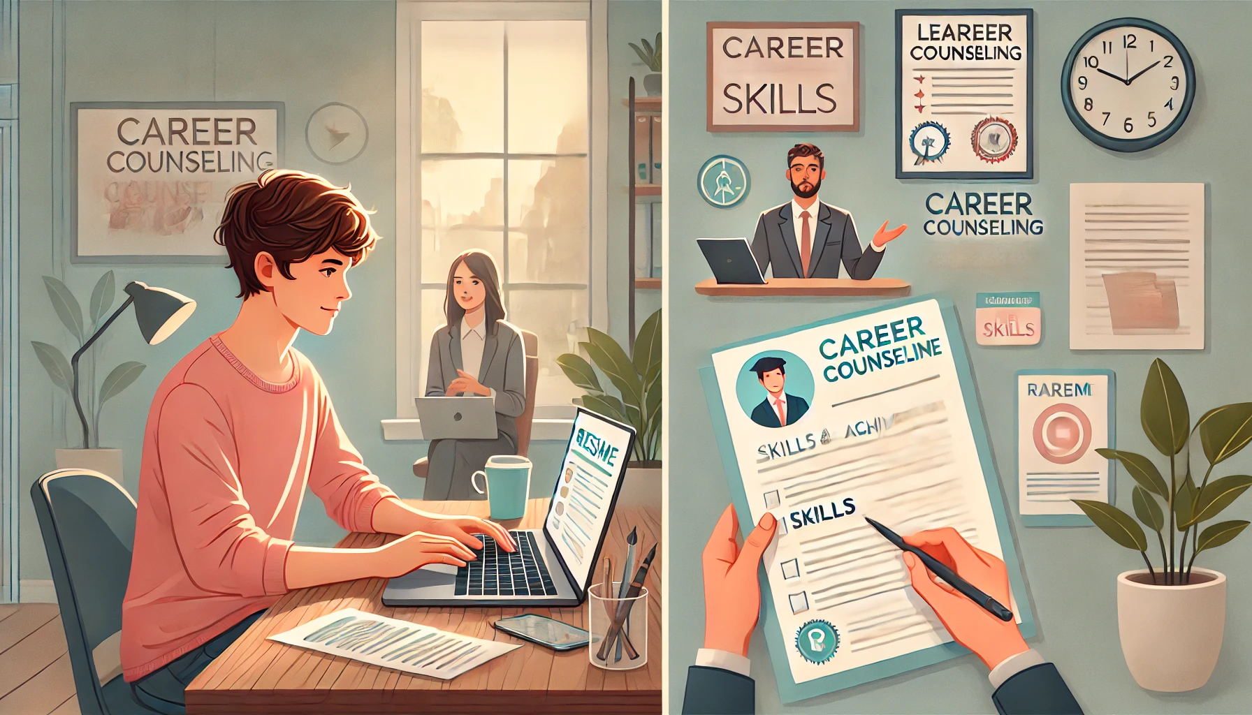 Updating Resume for Career Growth: A young person enhancing their resume on a laptop, focusing on skills and achievements. The workspace is clean, with soft lighting and motivational elements.