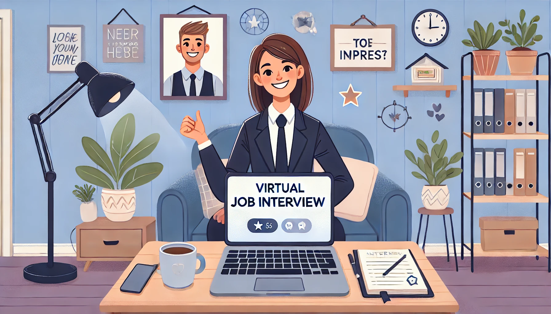 Virtual Job Interview Preparation: A young person confidently attending a virtual job interview on their laptop in a cozy home office. The setting includes a notebook, coffee cup, and motivational decor, creating an encouraging and professional atmosphere.
