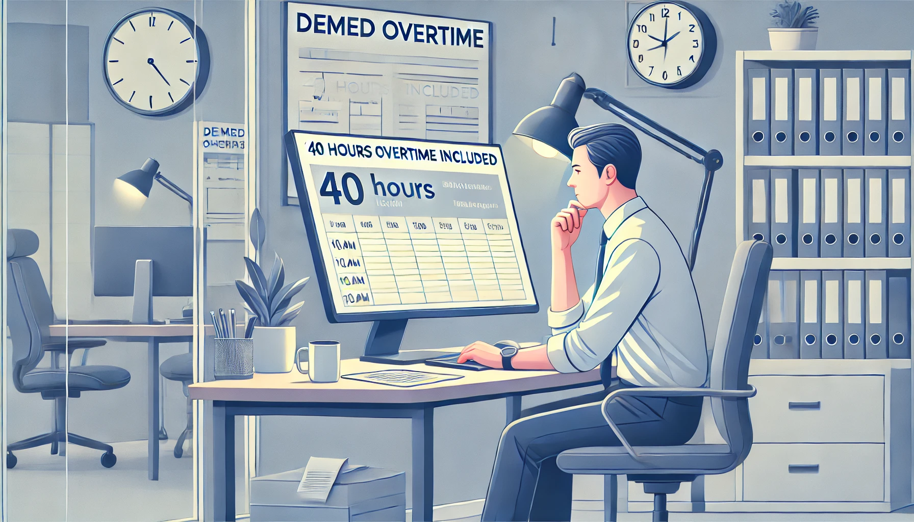 Here’s an illustration capturing the concept of "deemed overtime" or "fixed overtime" in an office setting. It depicts an employee viewing a computer screen that shows "40 hours overtime included," with a thoughtful expression. The workspace includes details like a clock showing late hours and a calendar highlighting this as a regular part of the month, set within a realistic and relatable office environment.