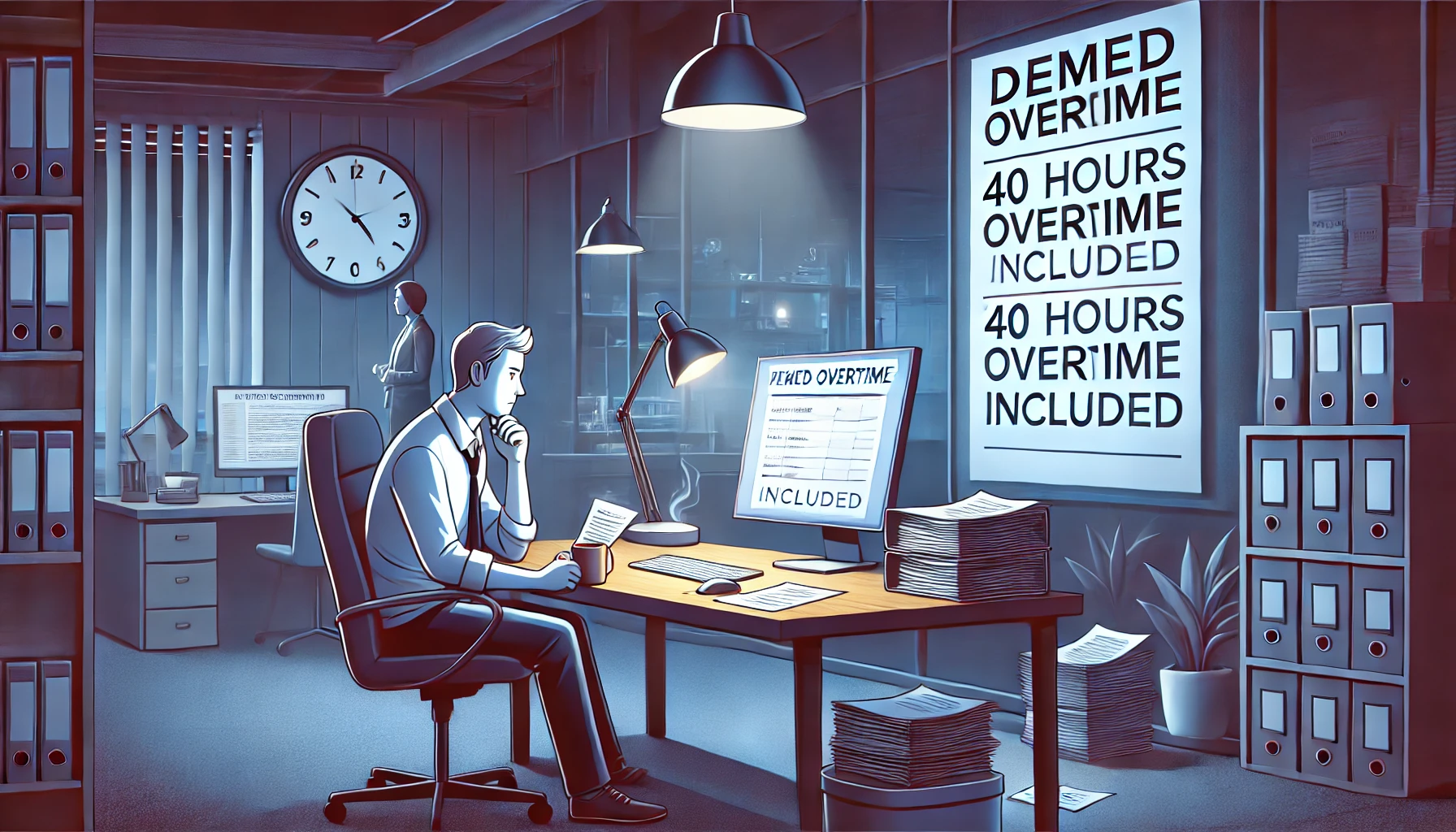 Here’s an illustration capturing the concept of "deemed overtime" or "fixed overtime" in an office setting. It depicts an employee viewing a computer screen that shows "40 hours overtime included," with a thoughtful expression. The workspace includes details like a clock showing late hours and a calendar highlighting this as a regular part of the month, set within a realistic and relatable office environment.