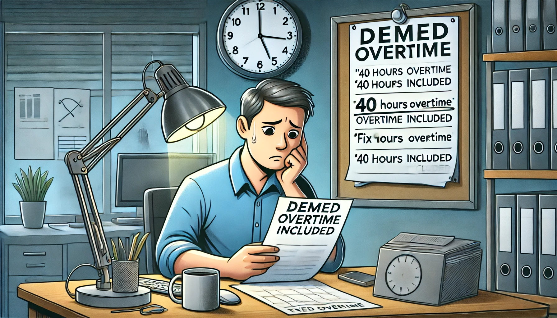 Here’s an illustration capturing the concept of "deemed overtime" or "fixed overtime" in an office setting. It depicts an employee viewing a computer screen that shows "40 hours overtime included," with a thoughtful expression. The workspace includes details like a clock showing late hours and a calendar highlighting this as a regular part of the month, set within a realistic and relatable office environment.