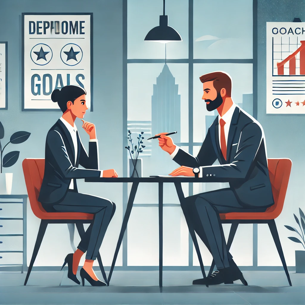 This image illustrates a coach and a client engaged in a coaching session in a modern office setting. The client confidently discusses their goals while the coach attentively listens and takes notes. The background features motivational posters and a bright cityscape through large windows, symbolizing optimism and progress.