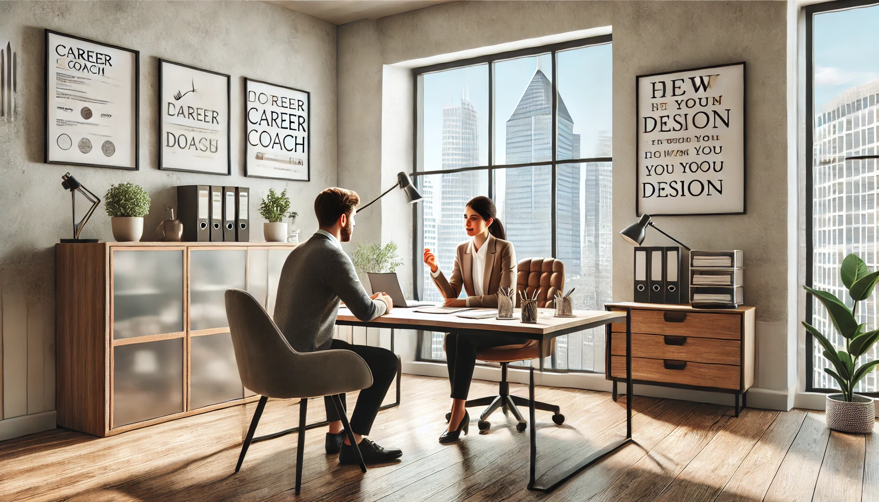 The image depicts a modern office setting where a professional career coach and a client are engaged in a one-on-one session. The workspace includes a whiteboard with motivational phrases, an open laptop on the desk, and neatly arranged documents. A large window allows natural light to stream in, with a cityscape visible in the background. The atmosphere is welcoming, featuring neutral tones and a minimalistic design. The coach appears attentive, while the client seems engaged and thoughtful. Perfect for illustrating the value of career coaching in a professional and inspiring environment!