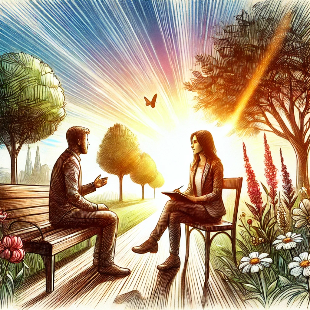 This artwork shows a peaceful life coaching session in an outdoor park. The coach and the client sit on a bench surrounded by trees and flowers under a sunny sky. The client looks inspired as they discuss their goals, while the coach offers encouragement with a notebook in hand. This serene environment symbolizes clarity and personal growth.
