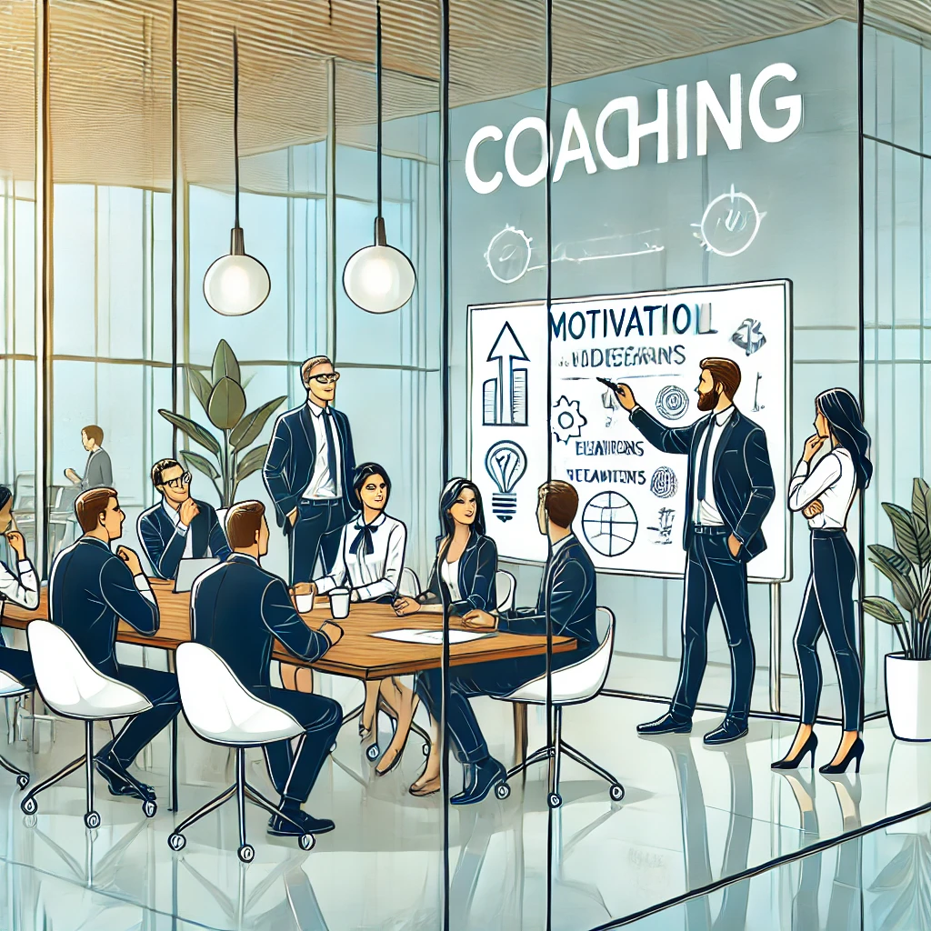 This visual represents a collaborative group coaching session in a contemporary conference room. The coach uses a whiteboard to present strategies and motivational ideas, while team members actively participate. The setting includes glass walls, indoor plants, and teamwork-inspired decor, emphasizing a dynamic and productive atmosphere.