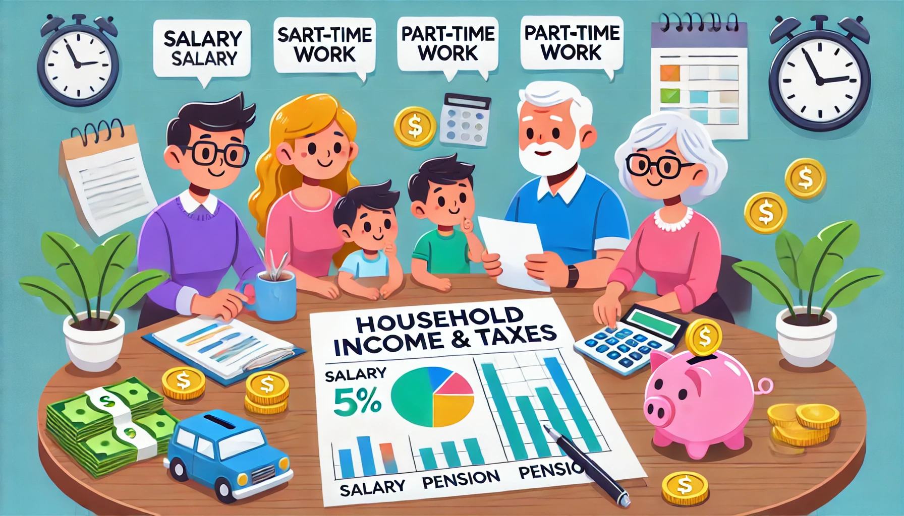 Here is an educational illustration that can be used in the column. It features a family gathered around a table, examining a chart with icons representing salary, part-time work, and pension. The setting includes a notebook, calculator, and piggy bank, symbolizing financial planning in a friendly and engaging way.