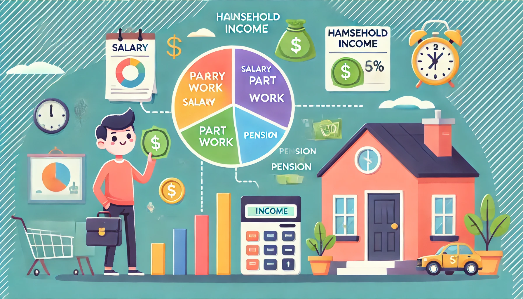 Here is a vibrant cartoon-style illustration that visualizes household income and financial planning. It includes a breakdown of income sources like salary, part-time work, and pension, represented with colorful icons. A pie chart in the background displays the income distribution, making the concept accessible and visually engaging.