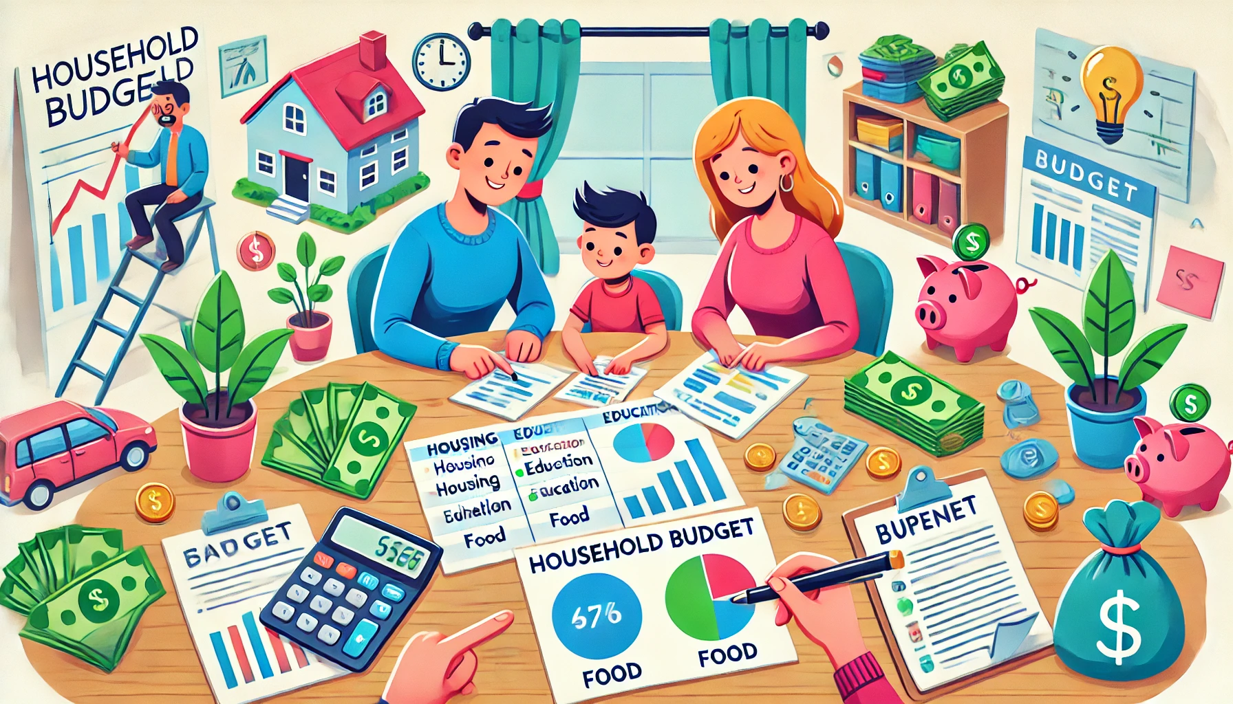 This illustration depicts a family sitting together, working on their household budget with charts, calculators, and documents. The image includes a pie chart breaking down expenses like housing, education, food, and savings, surrounded by friendly financial symbols such as a piggy bank, money bags, and a checklist, creating a clear and colorful representation of financial planning.