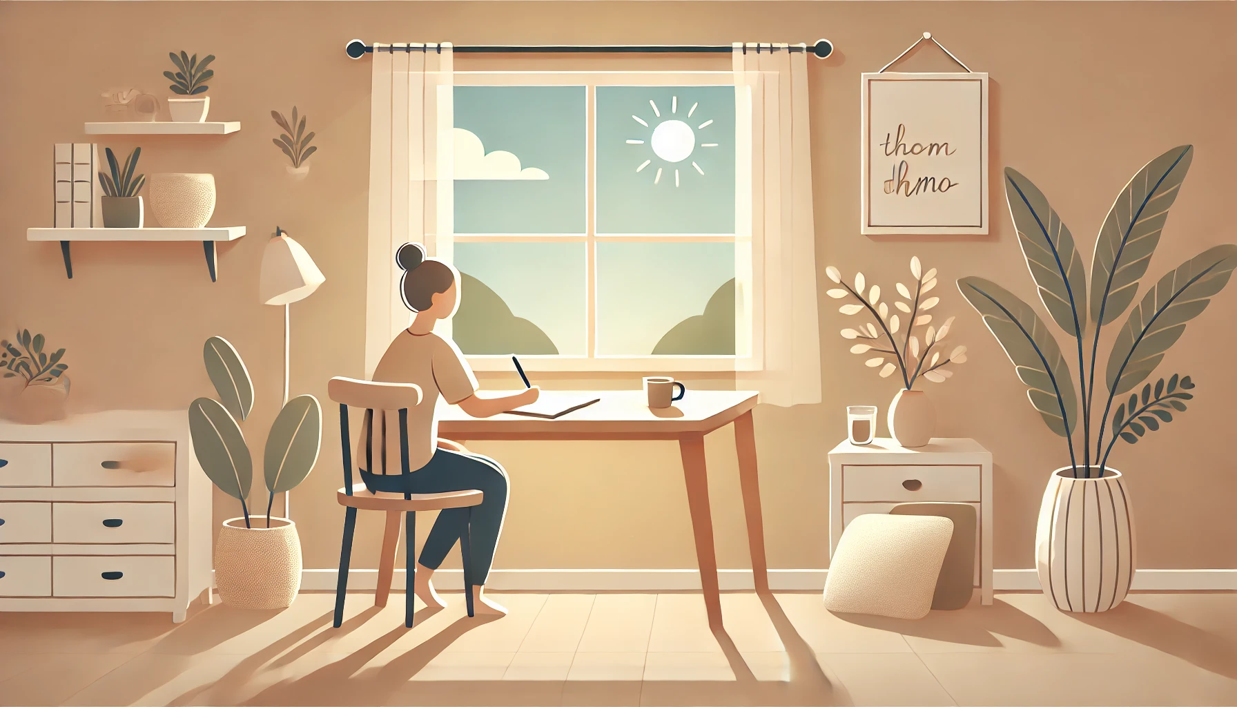 This illustration depicts a peaceful scene of a person sitting at a desk near a large window, journaling in a notebook. The room has a minimalist and cozy decor, including a bookshelf with a few plants and a steaming cup of coffee on the desk. Soft natural light streams through the window, creating a warm and calming atmosphere. Outside the window, a serene landscape of trees and a clear blue sky is visible, adding to the tranquility of the setting. The image conveys a sense of reflection, relaxation, and inner peace.
