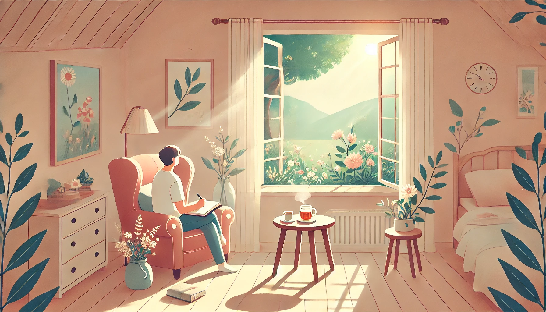This illustration depicts a peaceful scene of a person sitting at a desk near a large window, journaling in a notebook. The room has a minimalist and cozy decor, including a bookshelf with a few plants and a steaming cup of coffee on the desk. Soft natural light streams through the window, creating a warm and calming atmosphere. Outside the window, a serene landscape of trees and a clear blue sky is visible, adding to the tranquility of the setting. The image conveys a sense of reflection, relaxation, and inner peace.