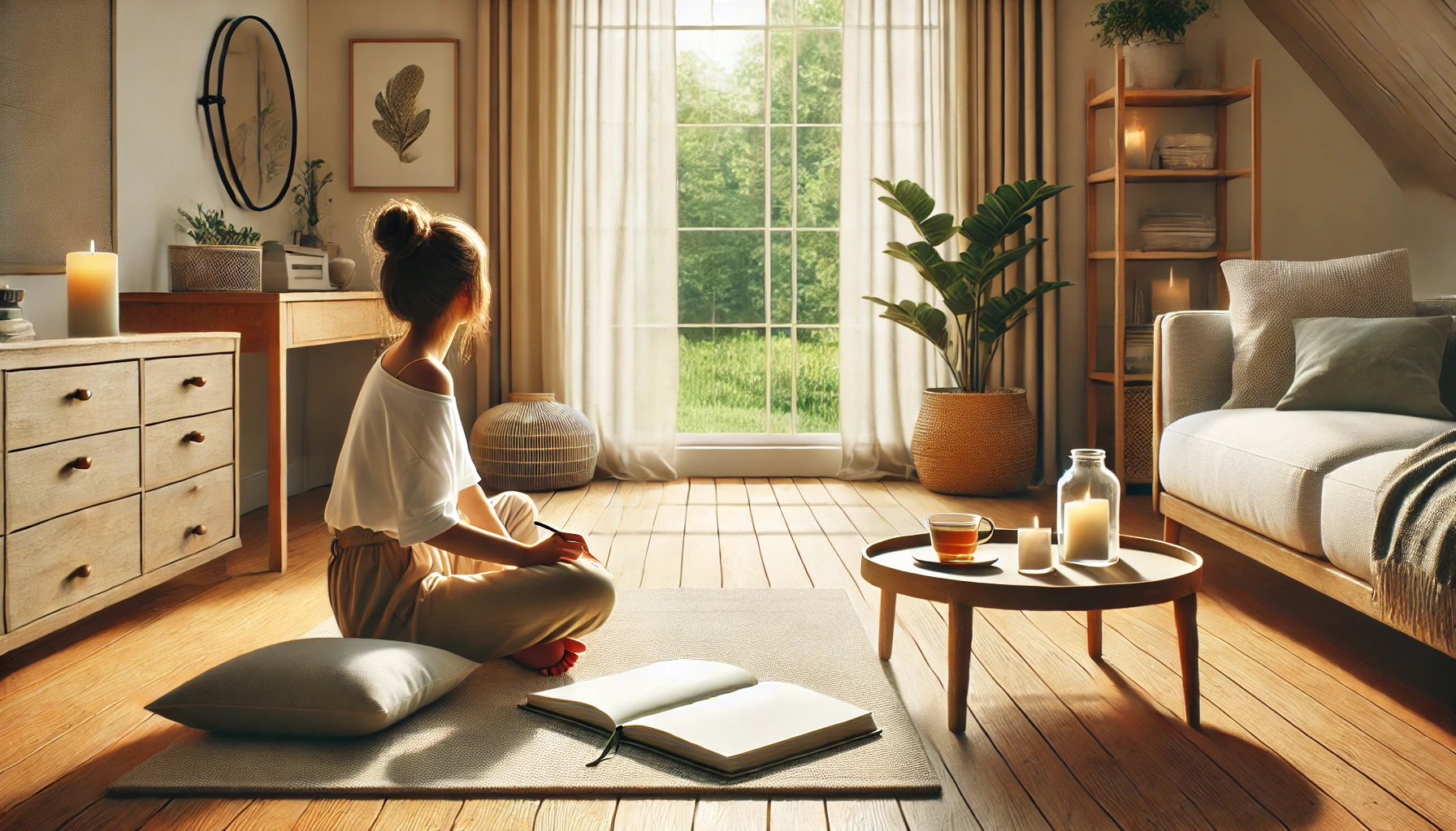 This illustration depicts a peaceful scene of a person sitting at a desk near a large window, journaling in a notebook. The room has a minimalist and cozy decor, including a bookshelf with a few plants and a steaming cup of coffee on the desk. Soft natural light streams through the window, creating a warm and calming atmosphere. Outside the window, a serene landscape of trees and a clear blue sky is visible, adding to the tranquility of the setting. The image conveys a sense of reflection, relaxation, and inner peace.