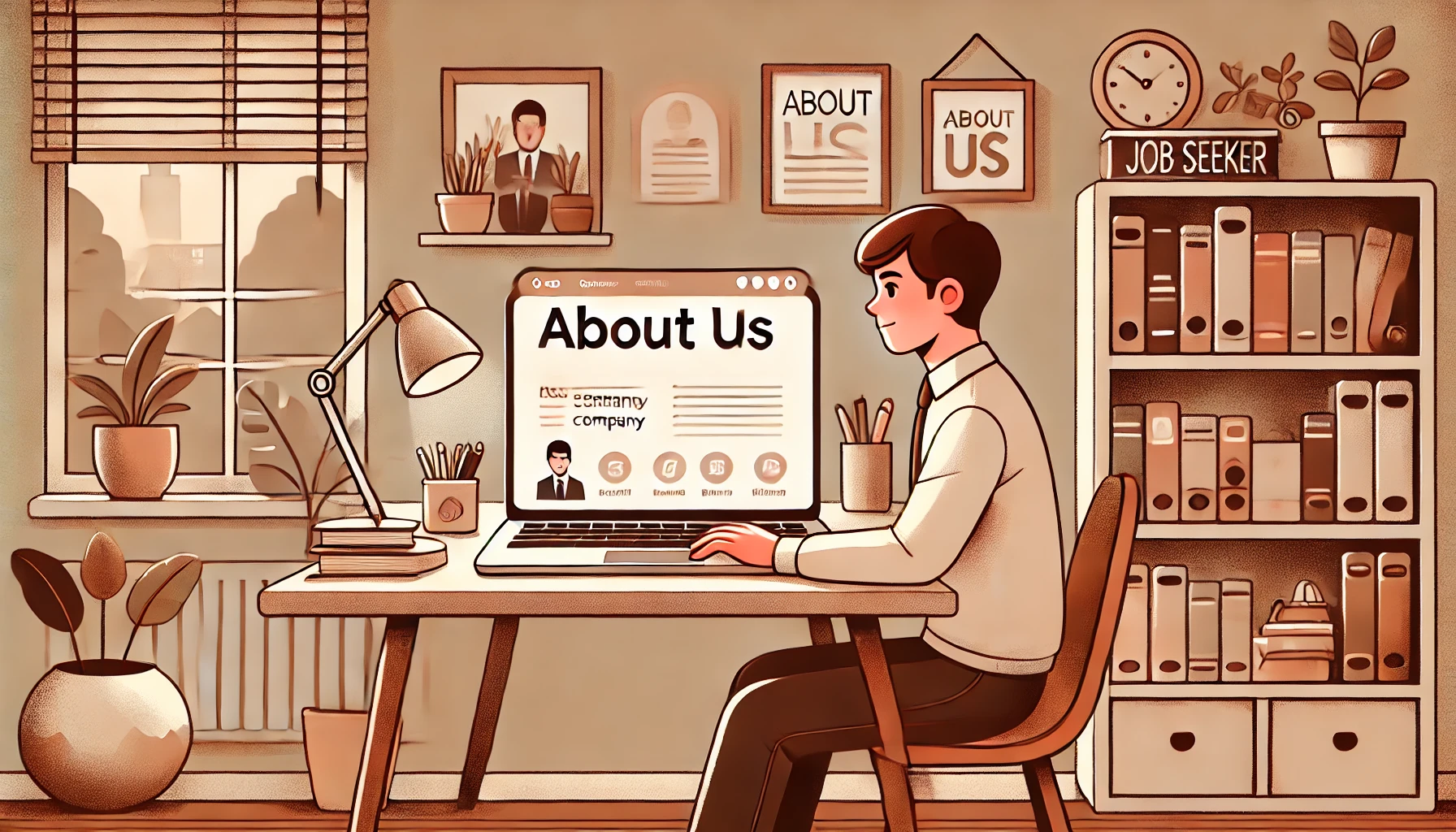 Researching a Company at Home A young job seeker sits in a cozy study, attentively researching a company's "About Us" section on a laptop. This captures the importance of understanding a company's background and mission before applying.