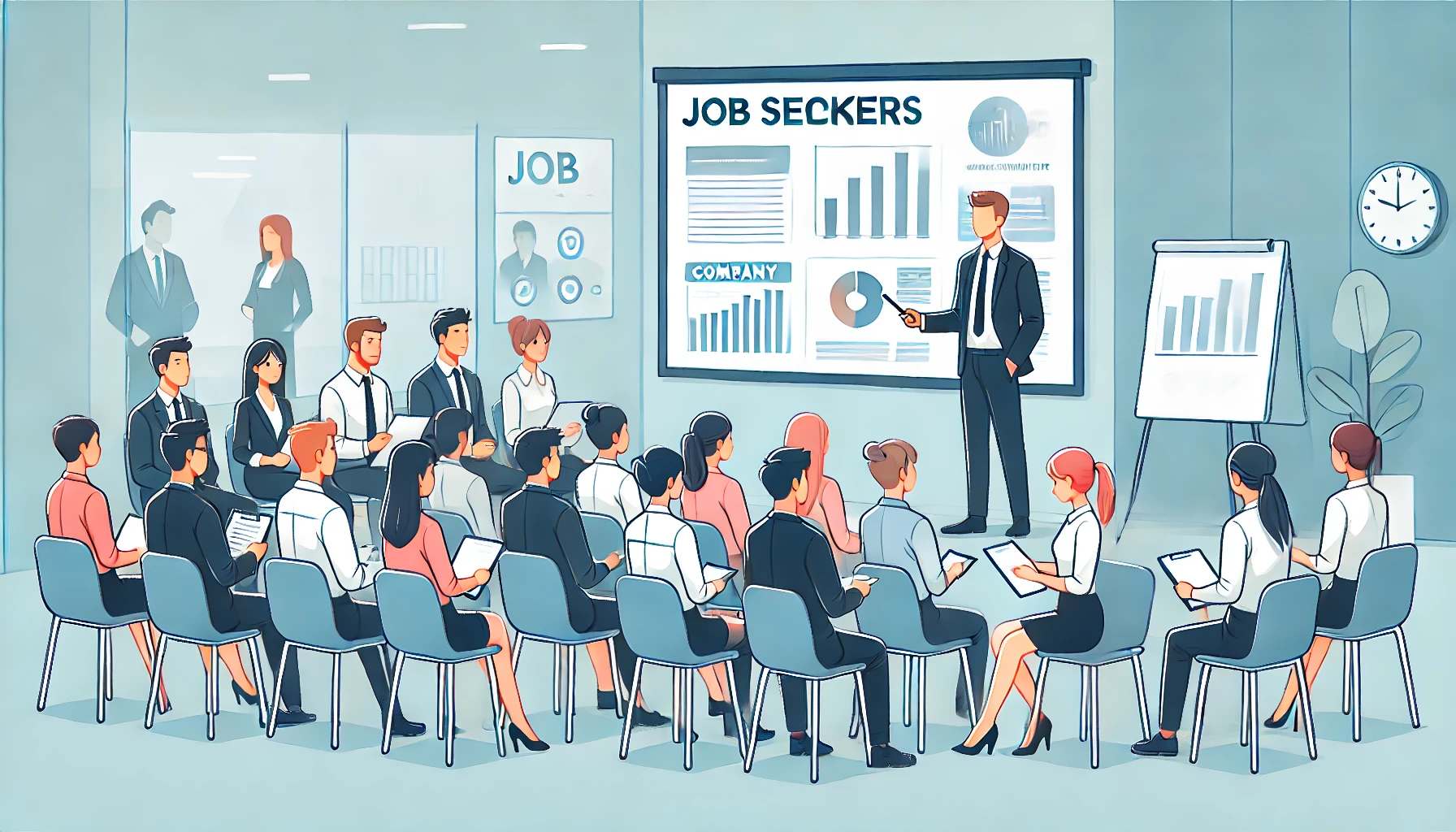 Attending a Corporate Seminar A group of young job seekers listens to a company presentation in a professional conference room, learning directly from company representatives. This highlights the value of attending seminars to gather firsthand insights.