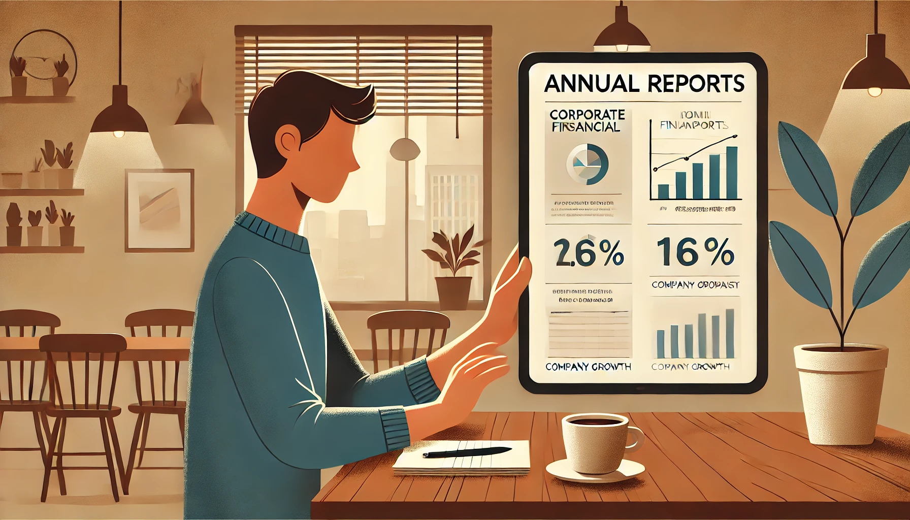 Reviewing Financial Information at a Cafe The job seeker is seen at a quiet cafe, reviewing corporate financial reports on a tablet. This emphasizes the importance of analyzing a company's stability and growth when considering potential employers.