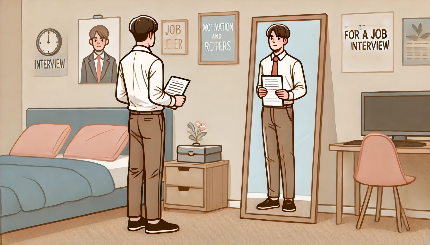 Practicing for an Interview In a simple bedroom, the job seeker practices for an interview in front of a mirror, dressed professionally and holding notes. This stage showcases the preparation needed to confidently present oneself in interviews.