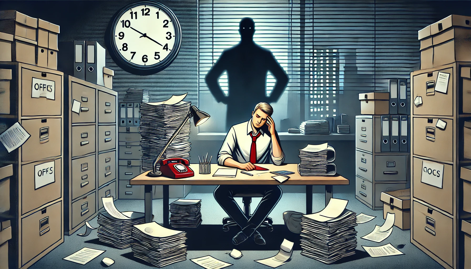 This illustration visually represents a toxic workplace environment. The central figure is a stressed and overwhelmed office worker sitting at a cluttered desk, surrounded by an intimidating amount of paperwork. The clock in the background indicates late working hours, while a shadowy, looming figure of a boss creates a sense of pressure and unease. The office is dimly lit with gloomy tones, highlighting the oppressive atmosphere. The worker’s body language—slumped shoulders and a tired expression—emphasizes feelings of despair, exhaustion, and frustration. This image perfectly complements the theme of “a workplace where people keep quitting” by conveying the emotional and physical toll of such an environment. It can serve as a striking visual to help readers relate to the struggles of working in a toxic, unsupportive company.