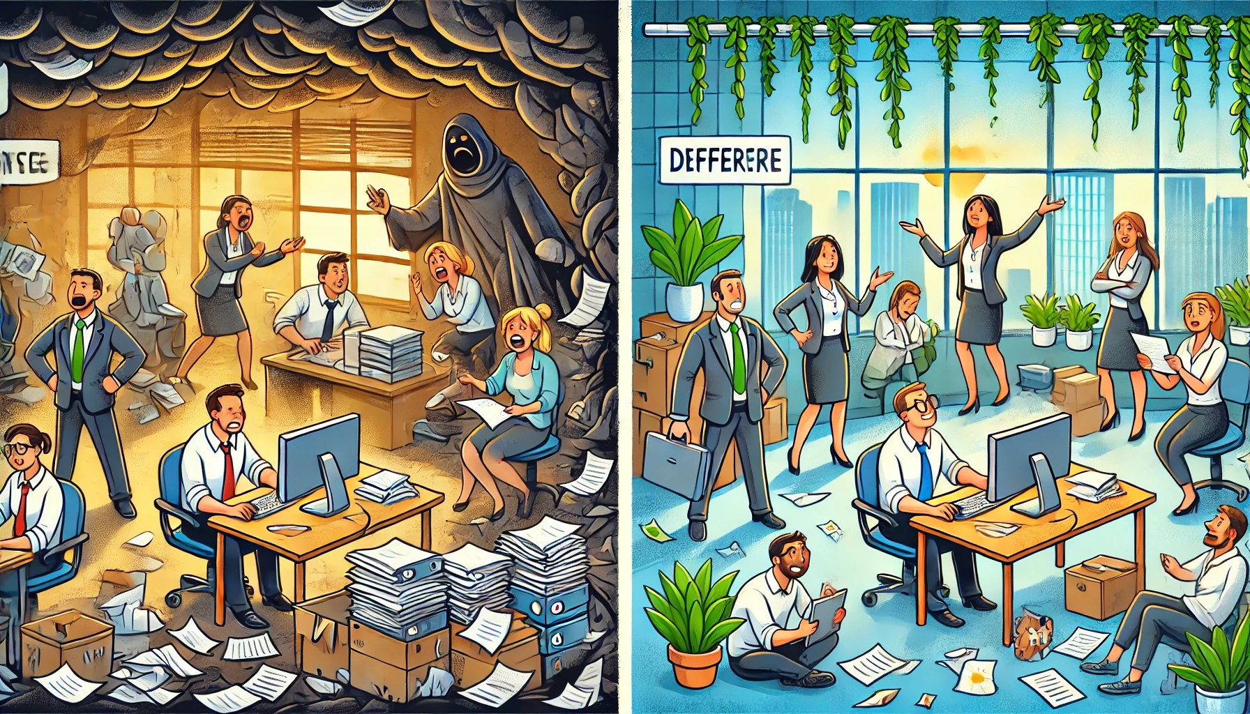 This illustration vividly contrasts two types of workplaces to highlight their differences. On the left side, a toxic workplace is depicted. The atmosphere is dark and gloomy, with stressed employees working late into the night at cluttered desks filled with piles of paperwork and broken computers. The boss appears angry, yelling at an overwhelmed employee, who looks exhausted and unhappy. The colors are dark, enhancing the oppressive and chaotic mood. On the right side, the scene shifts to a healthy and positive workplace. The office is bright and clean, with plenty of natural light and greenery. Relaxed, happy employees collaborate cheerfully, sharing ideas and working together in a supportive environment. The atmosphere feels open and refreshing, with employees smiling and showing clear satisfaction. This illustration perfectly complements the column’s theme by visually emphasizing the stark contrast between toxic workplaces that drive employees to quit and healthy environments that encourage productivity and happiness.