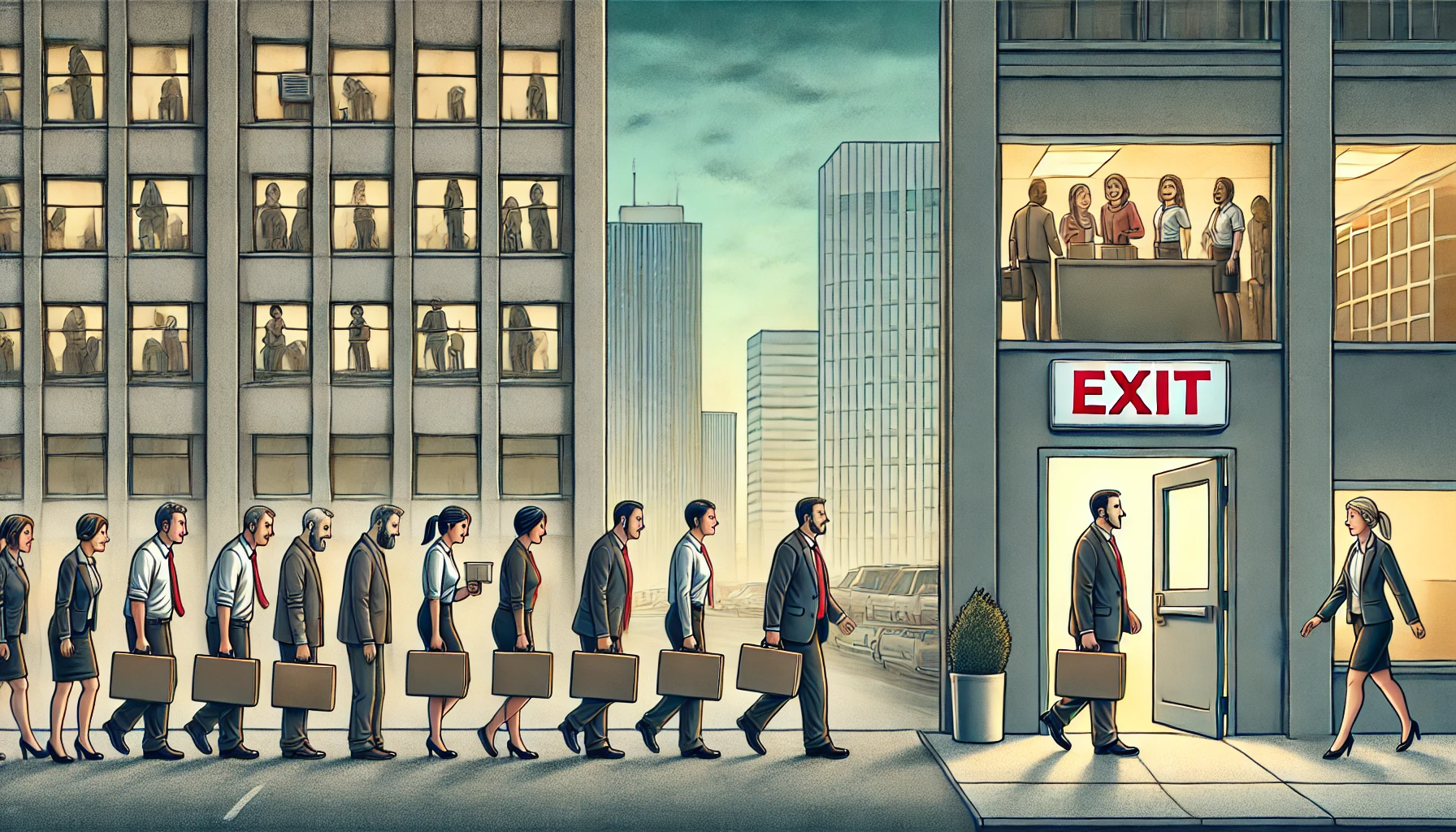 This illustration vividly captures the stark contrast between a toxic workplace and a healthy one. In the foreground, a group of office workers, visibly tired and frustrated, is seen walking out of a dull and worn-down office building. The building has an “Exit” sign near the door, symbolizing employees leaving due to dissatisfaction. Each person carries boxes filled with their belongings, emphasizing a sense of finality and disappointment. Above, the sky is gray and gloomy, reflecting the heavy and oppressive atmosphere. In contrast, further in the background, a bright and modern office building stands tall, glowing under a clear and sunny sky. Happy and energized workers are seen entering the building, symbolizing a healthy workplace that values its employees. This clear visual juxtaposition highlights the effects of poor work environments versus supportive, positive ones. This image serves as a powerful visual representation of how toxic workplaces drive employees away, while healthy environments attract and retain satisfied workers. It effectively complements the column's themes and helps readers relate to the concept on an emotional level.