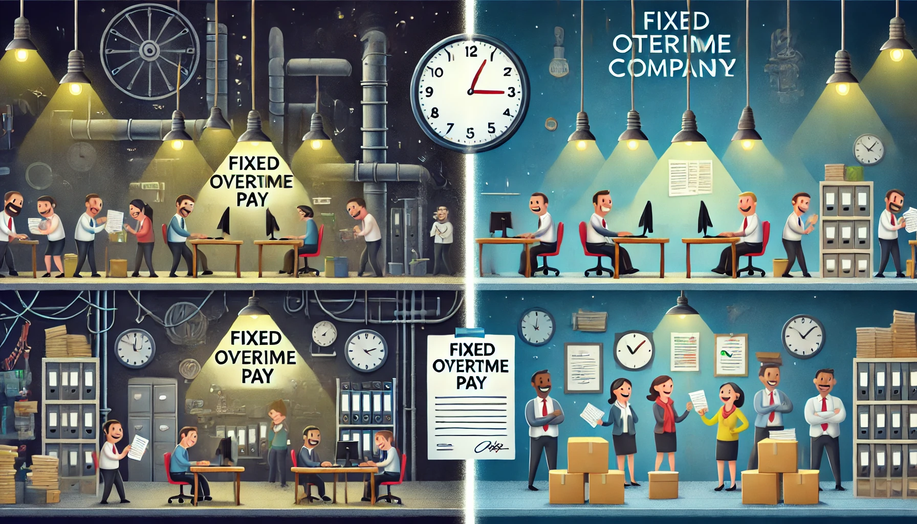 This illustration contrasts two workplace environments to represent the concept of fixed overtime pay and "white companies." Left Side: Depicts a dark, disorganized office with overworked employees, piles of unclear contracts, and an atmosphere of exploitation. It symbolizes a "black company" with unfair labor practices. Right Side: Shows a bright, well-organized office with smiling employees, clear documentation, and a balanced clock symbolizing fairness. It represents a "white company" where fixed overtime pay is managed ethically. The separation in the middle emphasizes the stark differences, providing a visual guide to understanding the key concepts.