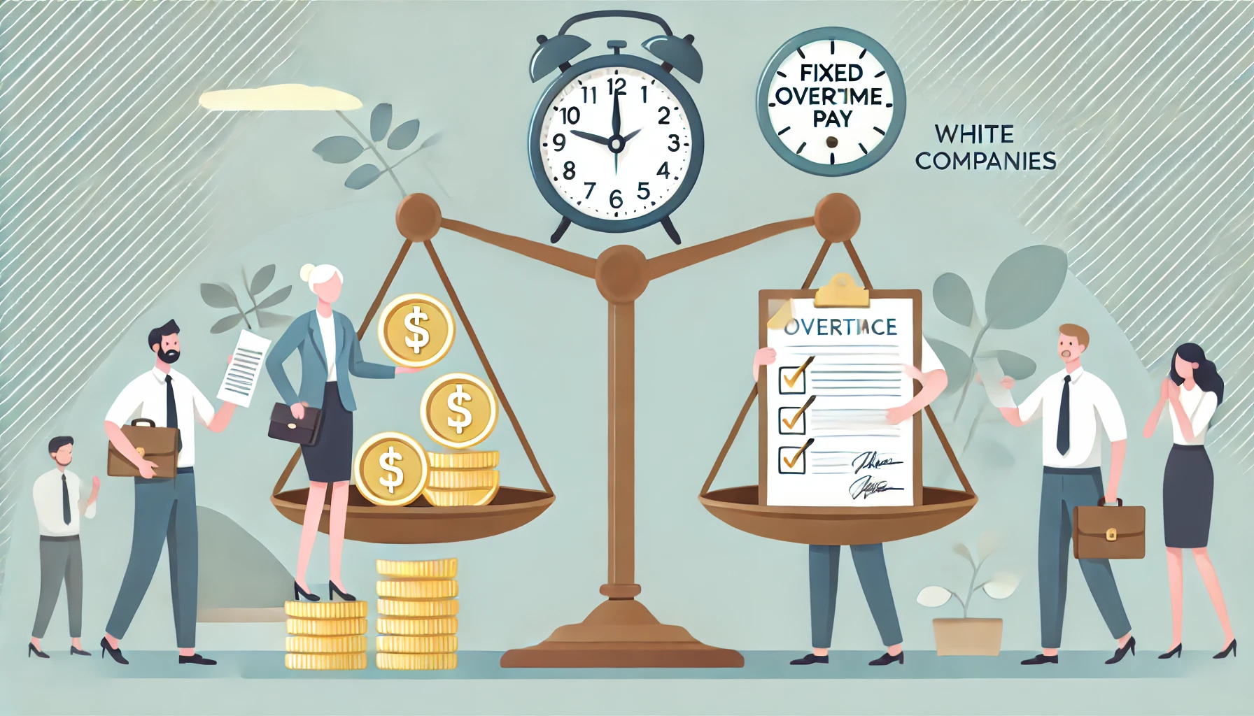 This simple illustration features a balanced scale at the center, symbolizing fairness in the workplace. Left Side of the Scale: Coins and a clock represent fair overtime pay, highlighting the monetary and time-related aspects of fixed overtime policies. Right Side of the Scale: A smiling employee holding a contract symbolizes clear, ethical agreements between the employer and employee. The minimalist design and soft colors create a professional and positive atmosphere, emphasizing the importance of transparency and fairness in employment practices.