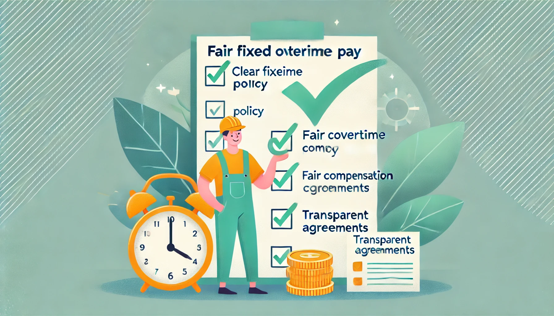 This illustration emphasizes fairness and transparency in fixed overtime pay through a clean and simple design. Checklist: Highlights key items such as "Clear Overtime Policy," "Fair Compensation," and "Transparent Agreements," each marked with a green check to indicate compliance. Cheerful Worker: Depicted holding a clock and a stack of coins, symbolizing satisfaction with a fair work-life balance and compensation. The soft pastel background reinforces a positive and professional tone, perfect for conveying trust and clarity in employment practices.