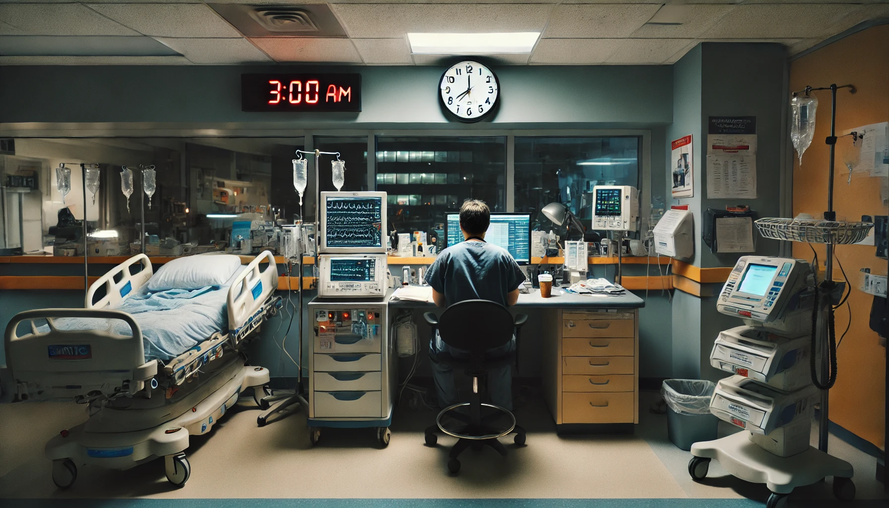 The image shows a night shift worker at a 24-hour convenience store, standing behind the counter and scanning items with a barcode scanner. The worker appears slightly tired yet maintains a friendly demeanor. Bright store lighting contrasts with the quiet, dark street visible through large glass windows. A clock on the wall indicates 4:00 AM, capturing the tranquil yet active atmosphere of late-night retail work.