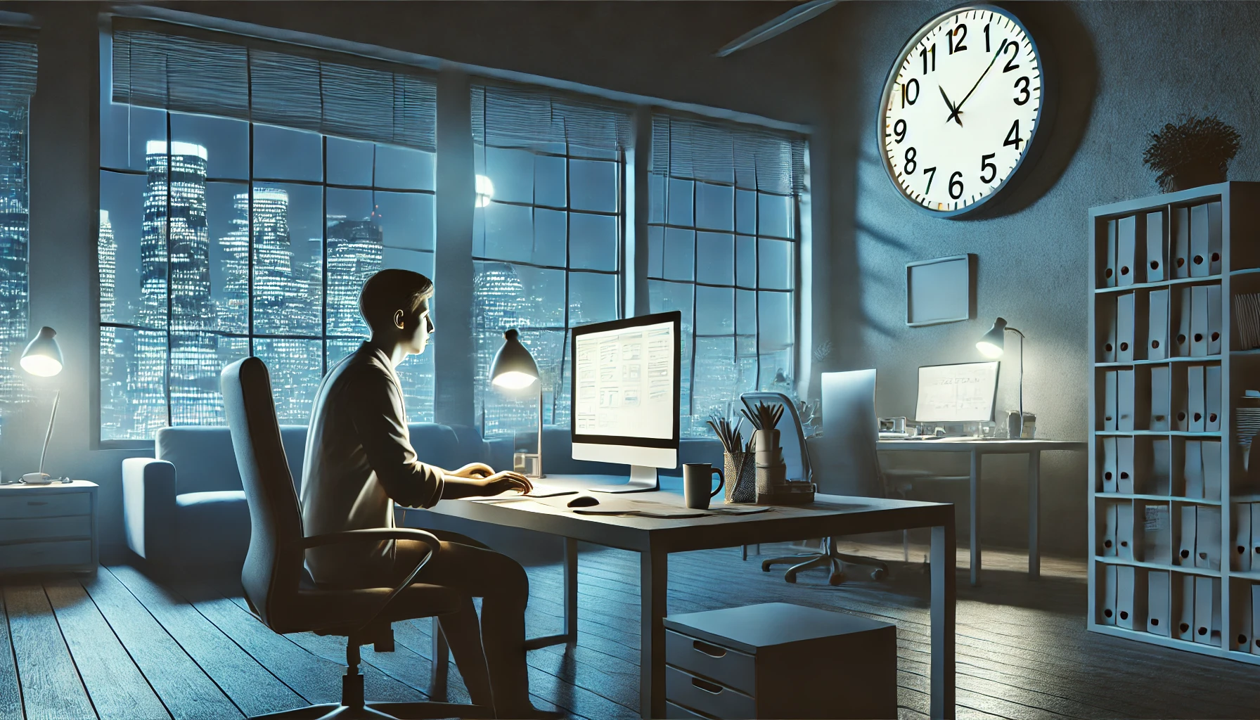 The image depicts a healthcare worker during a night shift at a hospital nursing station. The worker, dressed in scrubs, appears slightly fatigued yet focused, surrounded by medical equipment and patient charts. A large clock reads 3:00 AM, while soft fluorescent lights illuminate the scene. A cup of coffee on the counter symbolizes the need for energy, and a window in the background shows the quiet, dark night outside, emphasizing the solitude and dedication of night shift workers.
