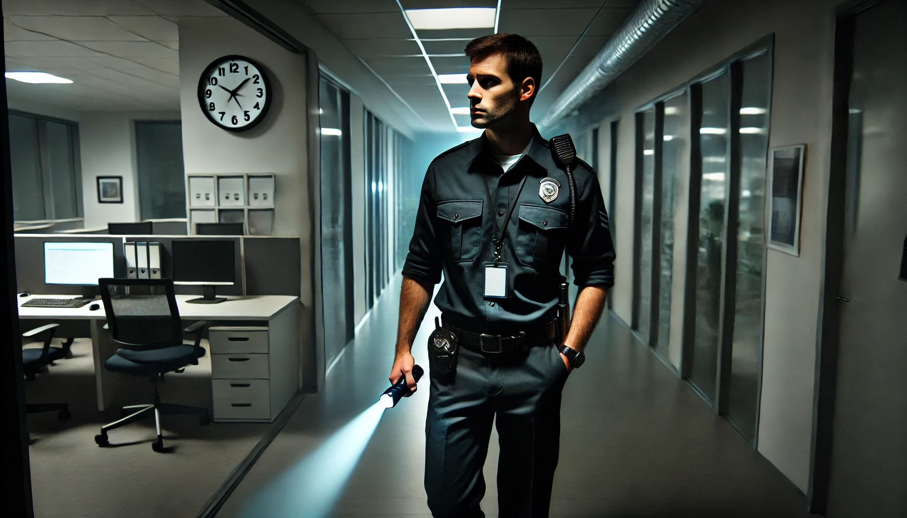 The image portrays a night shift security guard patrolling a quiet office building corridor. The guard, dressed in a uniform, holds a flashlight and clipboard, appearing focused yet slightly weary. The dimly lit hallway, with scattered lights casting shadows on the walls, emphasizes the stillness of the night. A clock on the wall shows 2:30 AM, and the windows in the background hint at the serene darkness outside.