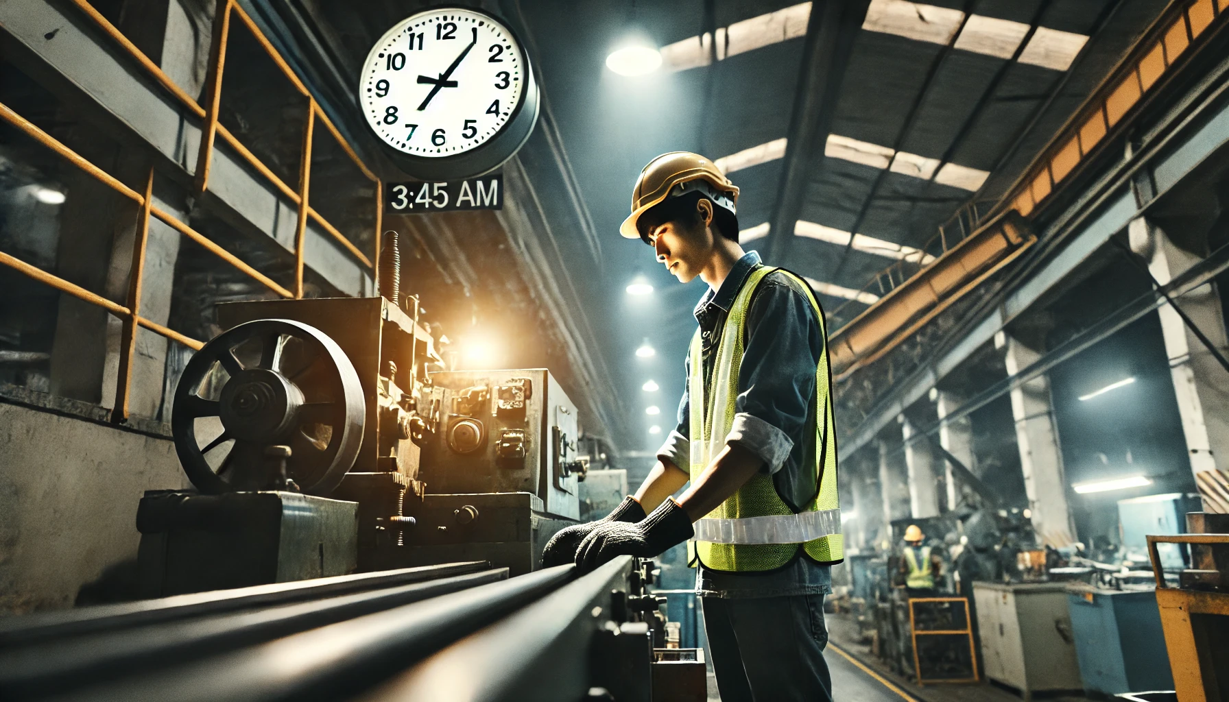 The image features a night shift worker in a factory, diligently operating heavy machinery. Dressed in full safety gear, including a helmet, reflective vest, and gloves, the worker appears focused on their task under the bright industrial lighting. The background includes large machines and conveyor belts, highlighting the bustling yet monotonous environment of late-night industrial work. A clock on the wall reads 3:45 AM, subtly reflecting the endurance required during such shifts.