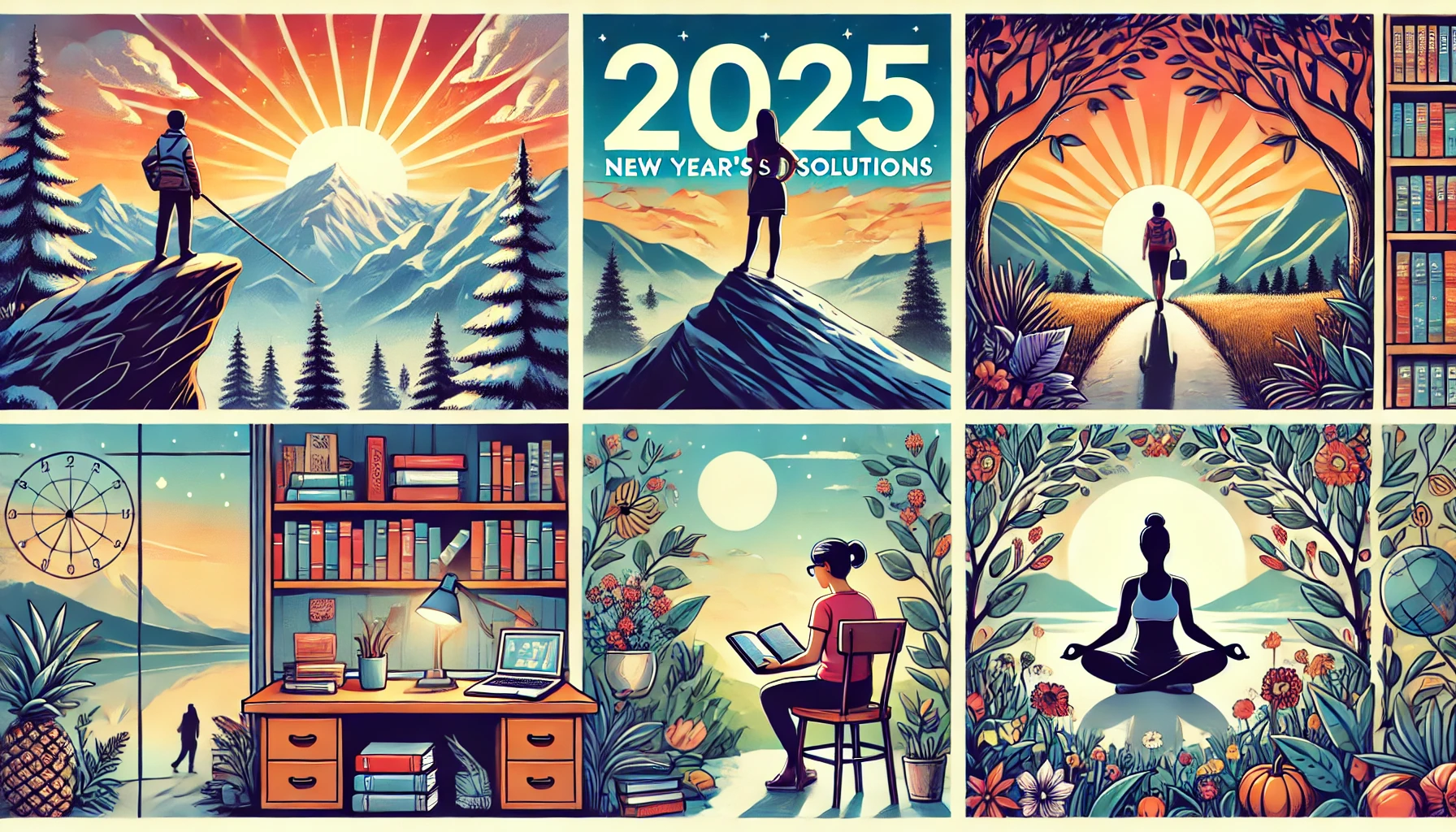 Here are the illustrations representing New Year's resolutions and aspirations for 2025: Goal Achievement and New Beginnings - A person stands at the top of a mountain, gazing at a sunrise, symbolizing success and fresh starts. Self-Improvement and Learning - A person is seen studying at a cozy desk filled with books, highlighting growth through education and knowledge. Health and Fitness - A scene of someone jogging along a scenic trail emphasizes the importance of physical well-being and staying active. Mindfulness and Mental Well-Being - A peaceful garden setting where a person is meditating reflects the pursuit of inner peace and relaxation. Each image is designed to inspire positivity and motivation for the year 2025. Let me know if you'd like any adjustments!