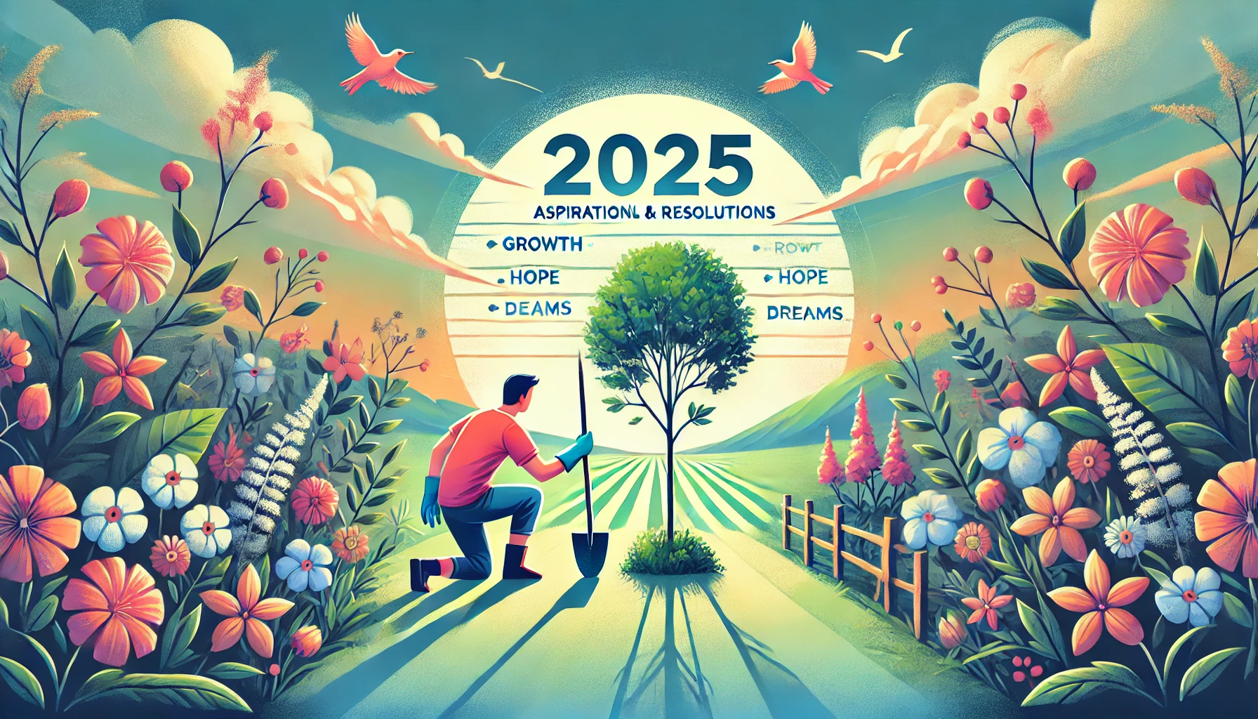 Here is another illustration symbolizing aspirations and resolutions for 2025. It features a person planting a small tree in a peaceful garden, representing growth, hope, and nurturing dreams. The colorful and serene setting inspires positivity and renewal, encouraging dedication to building a brighter future. Let me know if you need more illustrations or modifications!