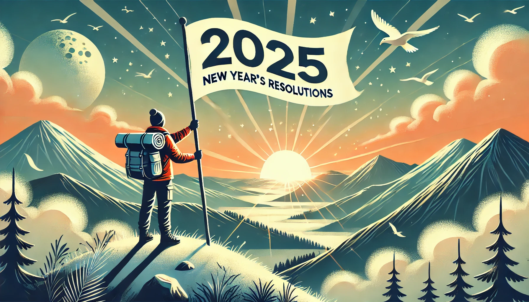 Here is another illustration representing New Year's resolutions for 2025. It depicts a person standing on a hilltop at sunrise, holding a flag as a symbol of achieving dreams and setting new goals. The bright and motivational atmosphere conveys hope, freedom, and determination for new beginnings. Let me know if you need further adjustments or additional illustrations!