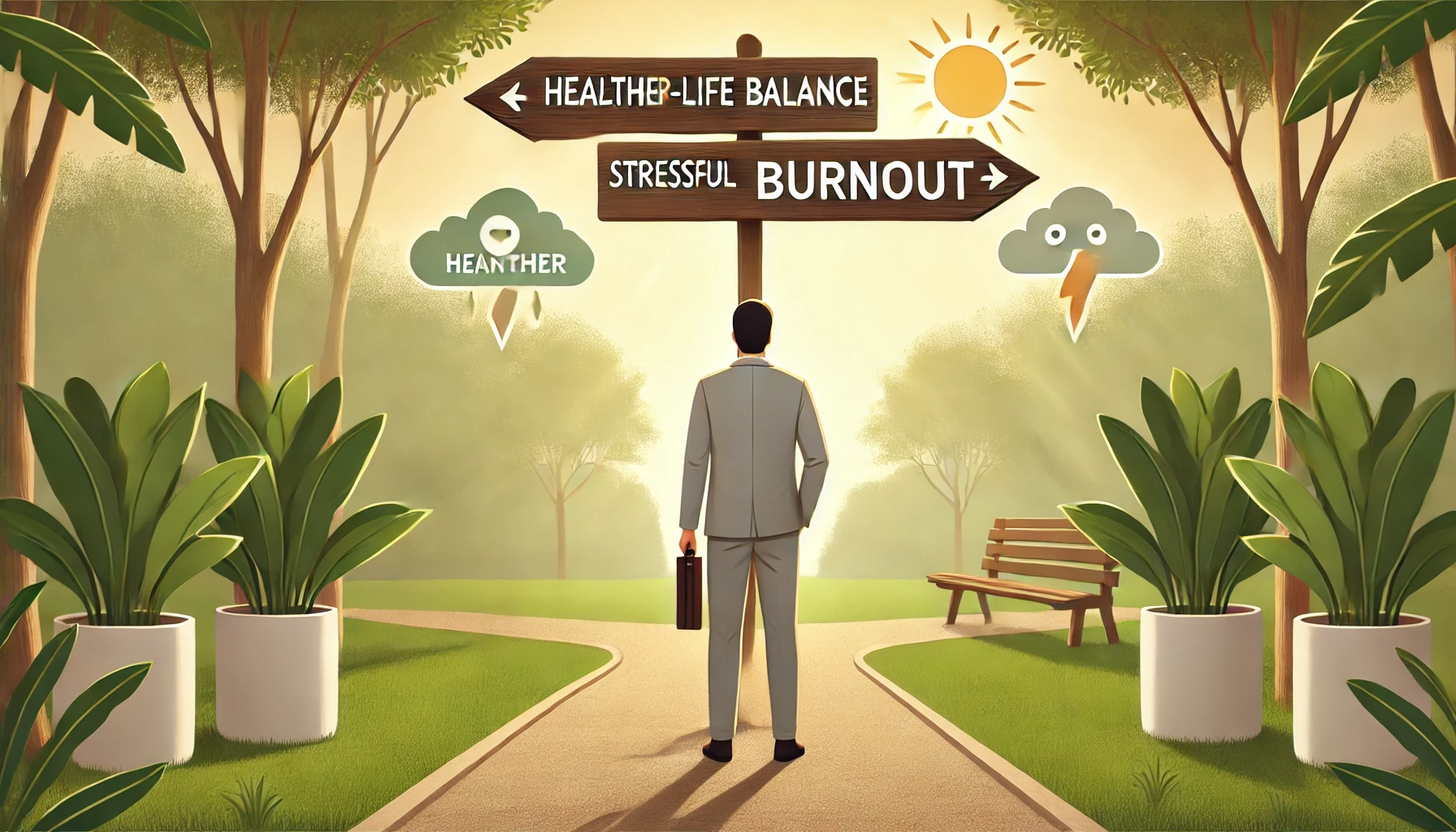 This image depicts a person standing at a career crossroads. The individual is positioned between two paths: one leading to a bright, green landscape symbolizing a healthier work-life balance, and the other heading towards a cloudy, stressful environment representing burnout. The person, dressed in neutral work attire, looks contemplative in a serene outdoor setting with warm sunlight filtering through the trees. It symbolizes the internal struggle of choosing a better path for mental health.