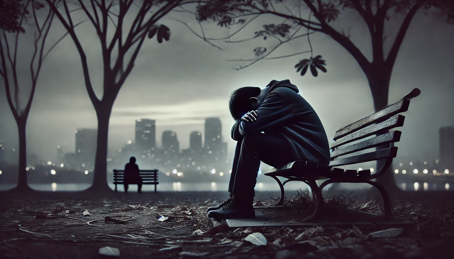This emotional image captures a person sitting alone on a park bench at dusk, visibly burdened and overwhelmed. With their head in their hands, they symbolize deep mental exhaustion. The surroundings are somber, with grayish tones in the sky, scattered fallen leaves, and dim lighting enhancing the melancholic atmosphere. However, faint lights in distant city buildings suggest a glimmer of hope, reflecting the possibility of recovery amidst the challenges.
