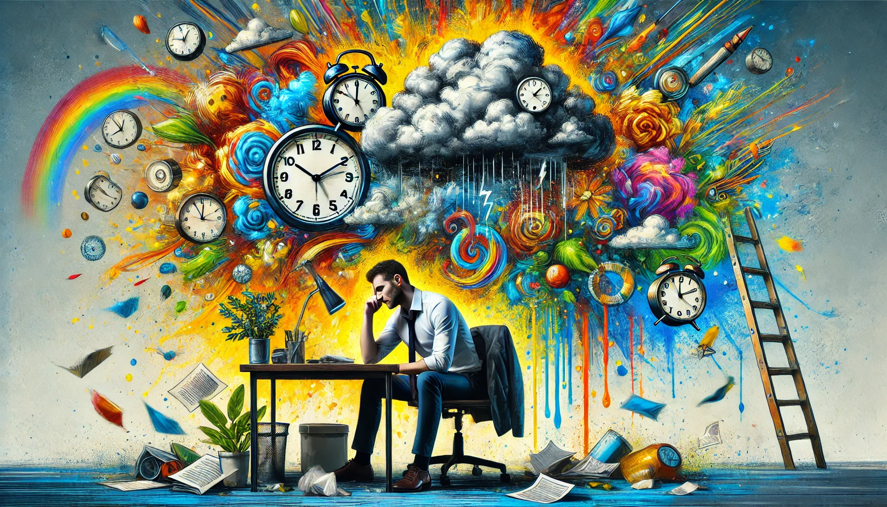 A colorful and semi-surreal image illustrating mental stress. A person sits at a desk, a thought cloud hovering above their head filled with chaotic elements like clocks, papers, and storm clouds, representing overwhelming responsibilities. The abstract and vibrant background features bright yellows, blues, and greens, creating a dynamic contrast between the mental burden and potential optimism. The person’s casual work attire and contemplative expression hint at both the struggles and hope for relief and creativity.