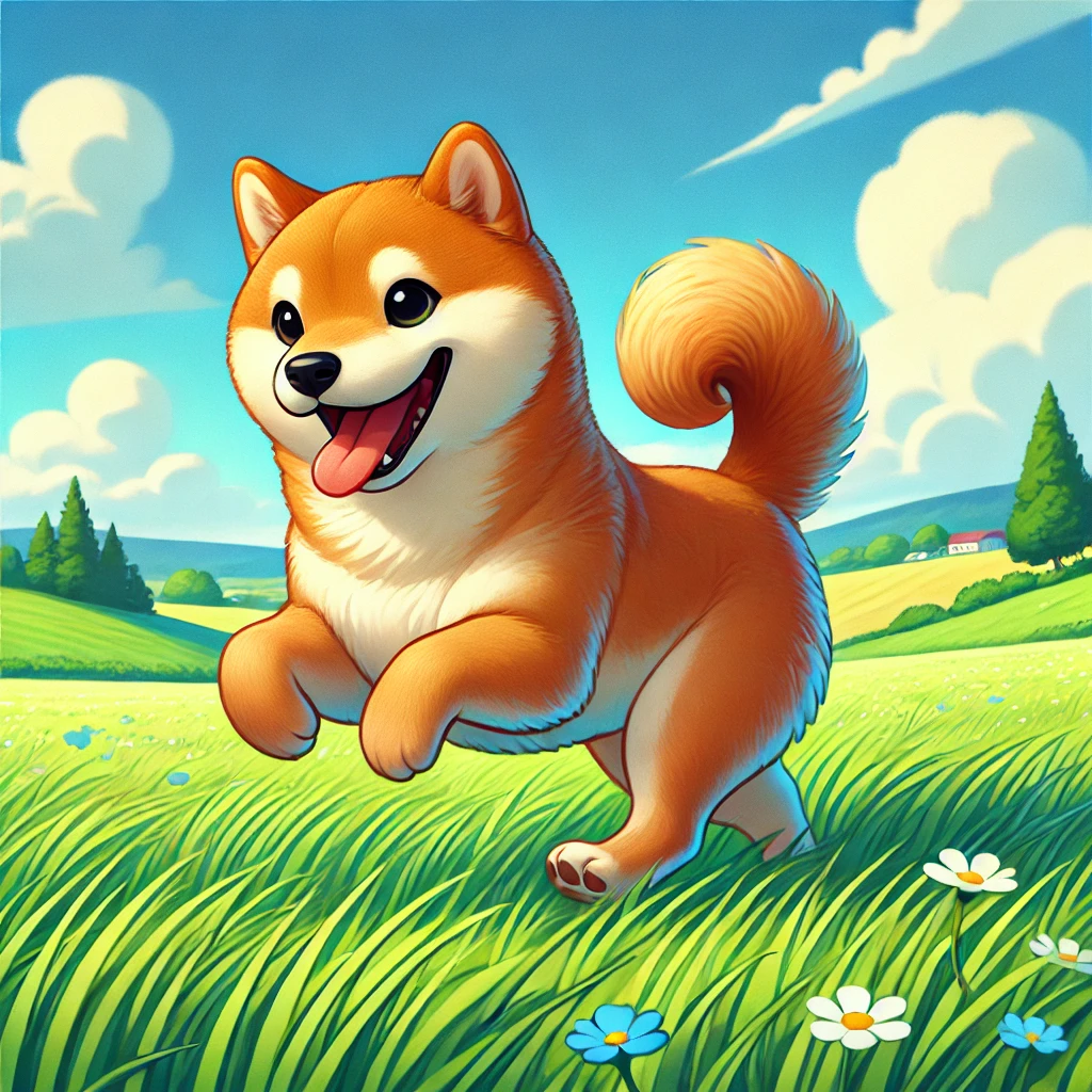 This is an image of a lively Shiba Inu joyfully running across a lush green meadow under a bright blue sky. The dog has a reddish-brown coat, a curled tail, and its tongue playfully sticking out. The background features a few scattered trees and distant hills, adding depth and charm to the serene outdoor scene.