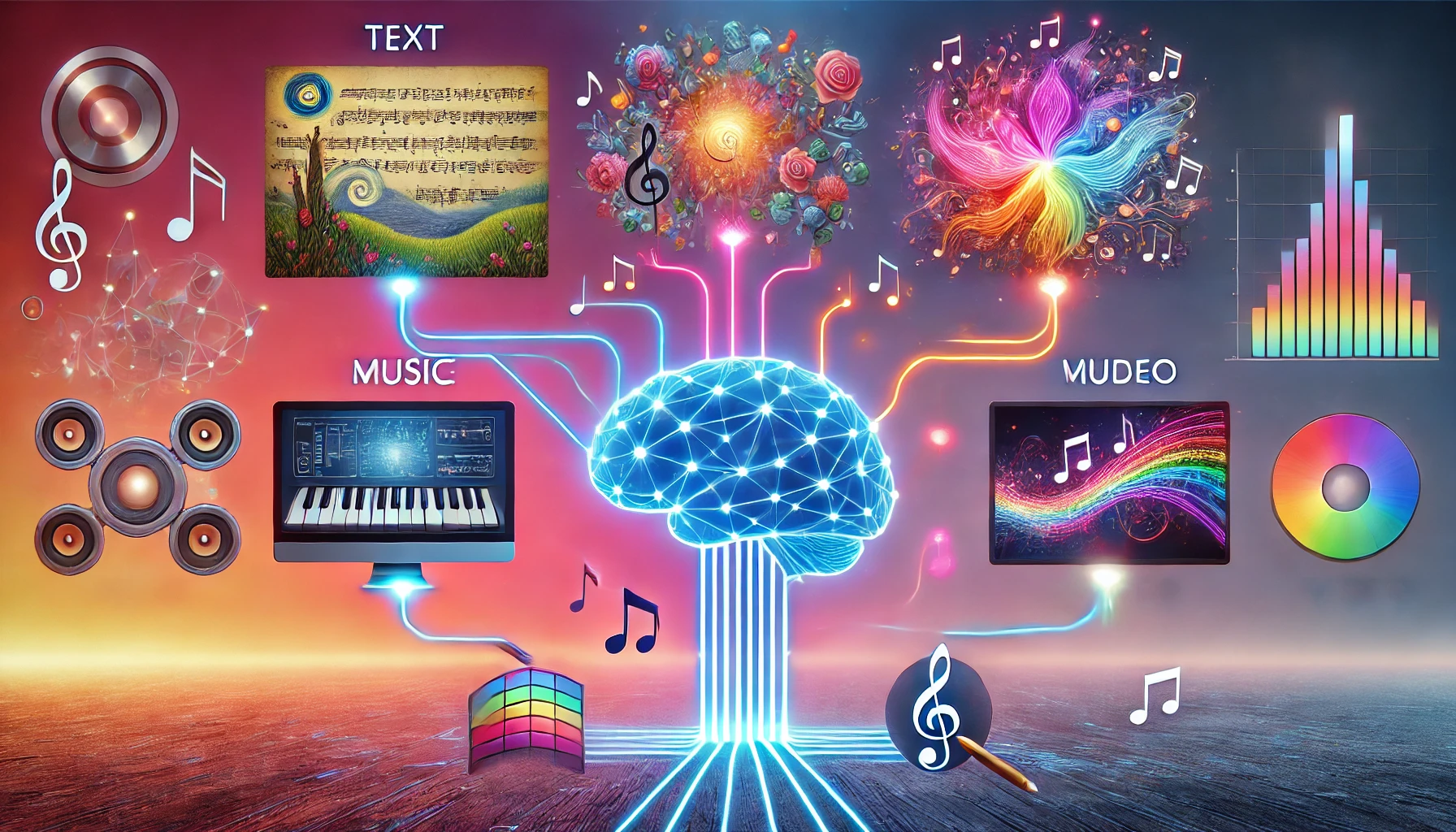 This illustration conceptualizes generative AI as a glowing, brain-shaped AI hub at the center. It connects to: Text Generation: Represented by a flowing script of handwritten words. Image Generation: A vivid landscape painting being digitally drawn. Music Generation: A treble clef surrounded by dynamic sound waves. Video Generation: A screen displaying an animated character in motion. Colorful, glowing lines symbolize the AI's ability to unify these diverse creative outputs, set against a futuristic gradient background for a cohesive, innovative feel.