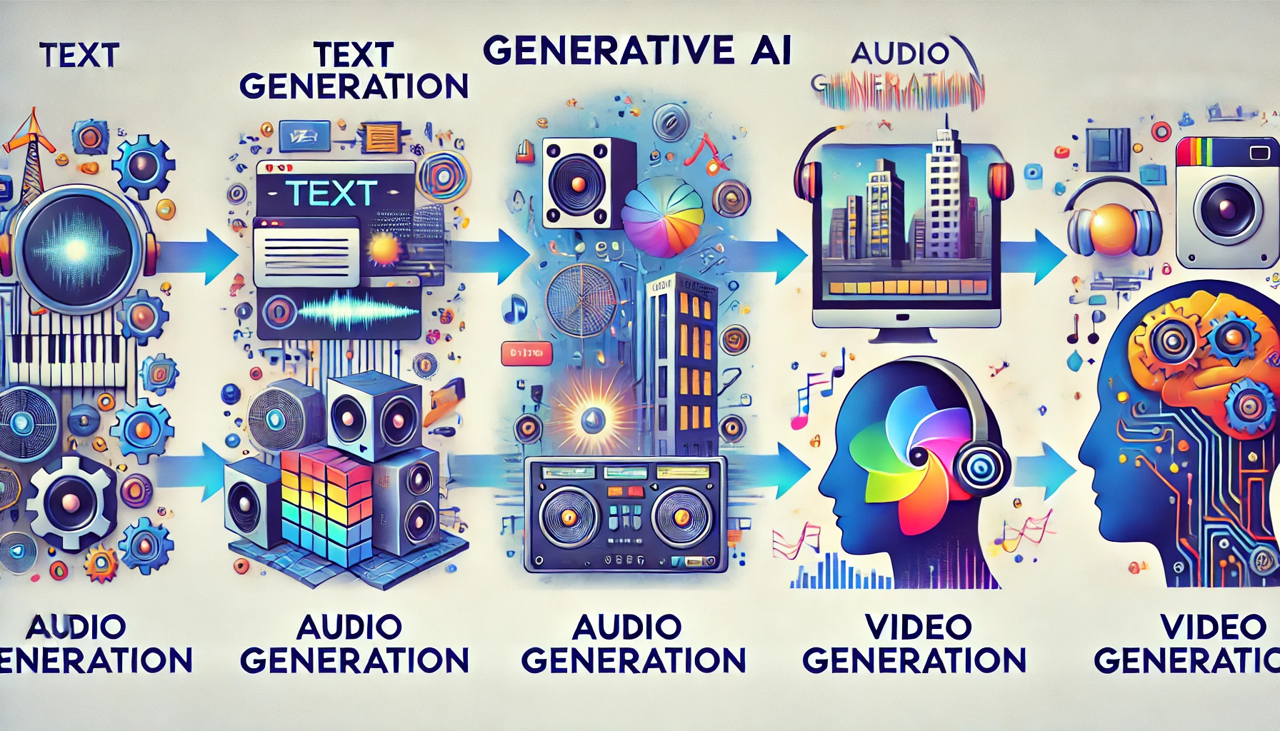 Here is an illustration designed to visually explain generative AI. It highlights four key aspects of its functionality: Text Generation: Depicted as a virtual assistant typing out a message. Image Generation: Shown with a futuristic cityscape being rendered on a screen. Audio/Music Generation: Represented by a music waveform alongside a pair of headphones. Video Generation: Illustrated through a dynamic clip featuring a fictional character walking. Each section is clearly labeled, with vibrant colors and icons making it easy to understand. 