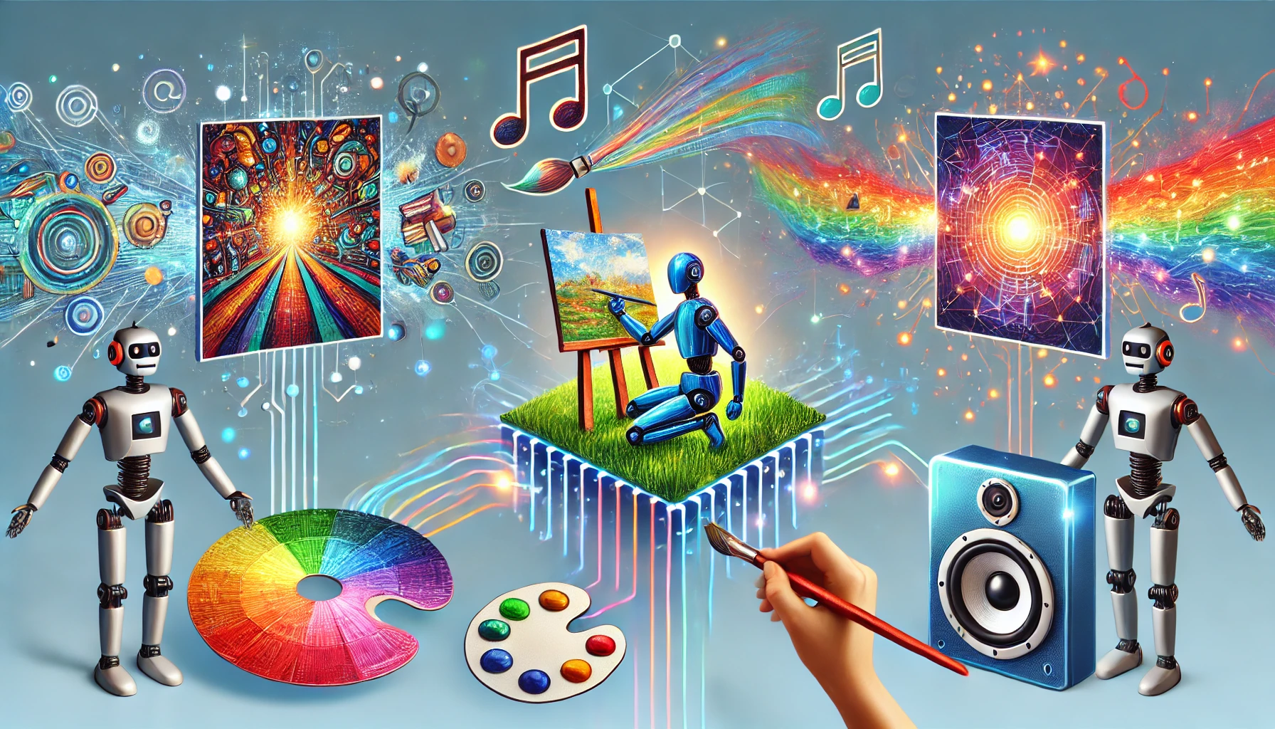 Here is another illustration that creatively represents generative AI. It features: Text Generation: A robot holding a pen, symbolizing the creation of written content. Image Generation: A digital palette showcasing a vibrant landscape painting. Audio/Music Generation: Musical notes flowing out of a futuristic speaker. Video Generation: A holographic display of a moving character. These elements are connected by glowing lines, symbolizing how generative AI integrates multiple forms of media. The abstract background enhances the futuristic and innovative theme.