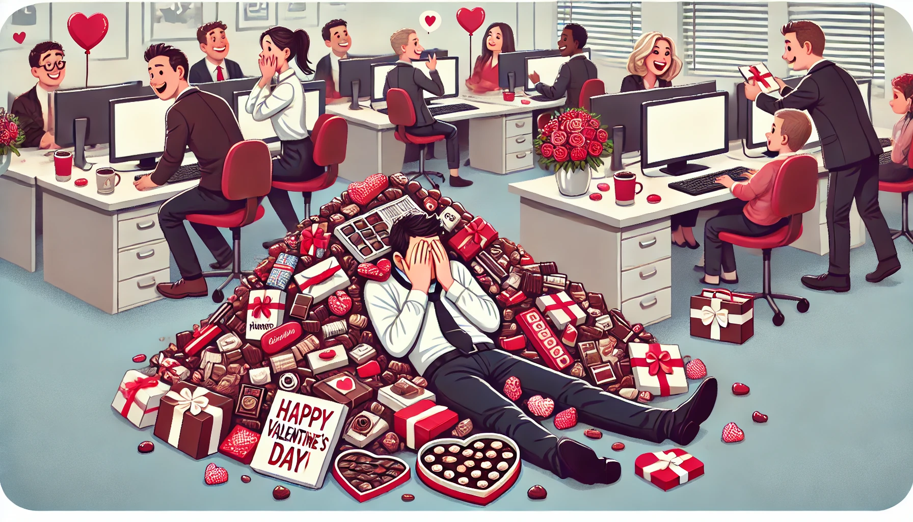 Here is another 16:9 illustration of a workplace on Valentine's Day. The scene humorously depicts an overwhelmed employee buried under a mountain of chocolates and gifts from colleagues. Other workers have mixed reactions—some are amused, some are annoyed, and others are awkwardly avoiding eye contact. The office is filled with desks, computers, and subtle Valentine's decorations, creating a chaotic yet relatable workplace atmosphere. Let me know if you'd like any modifications!