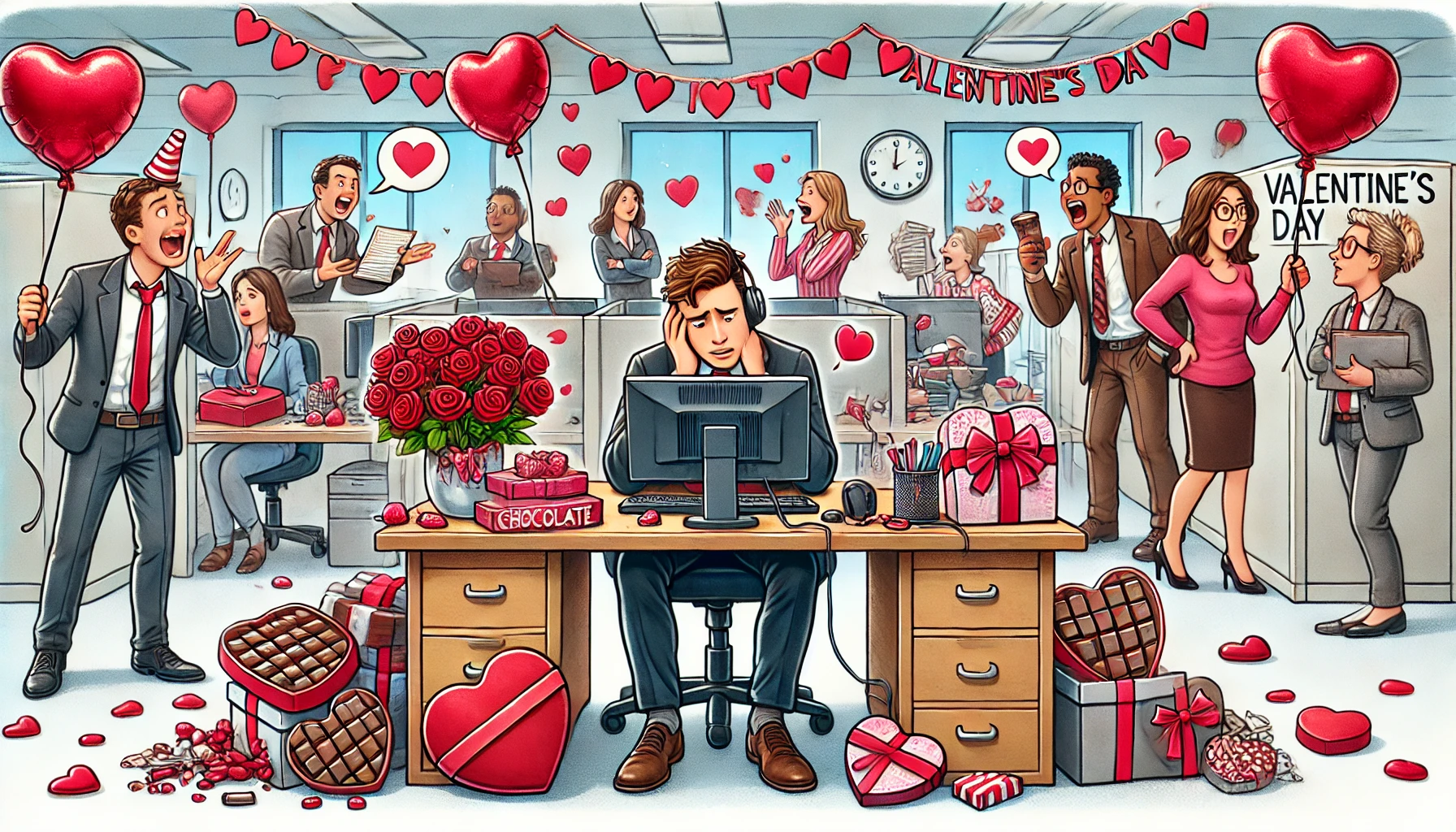 Here is another 16:9 illustration of an office on Valentine's Day. This time, a frustrated employee is overwhelmed by heart-shaped decorations and stacks of chocolates from colleagues. The worker looks exhausted, dealing with piles of paperwork and a looming deadline, while others in the office are casually chatting and celebrating. Some coworkers are indifferent, while others are overly enthusiastic about the holiday. The contrast between work stress and Valentine's festivities adds a humorous and slightly chaotic touch. Let me know if you'd like any modifications!