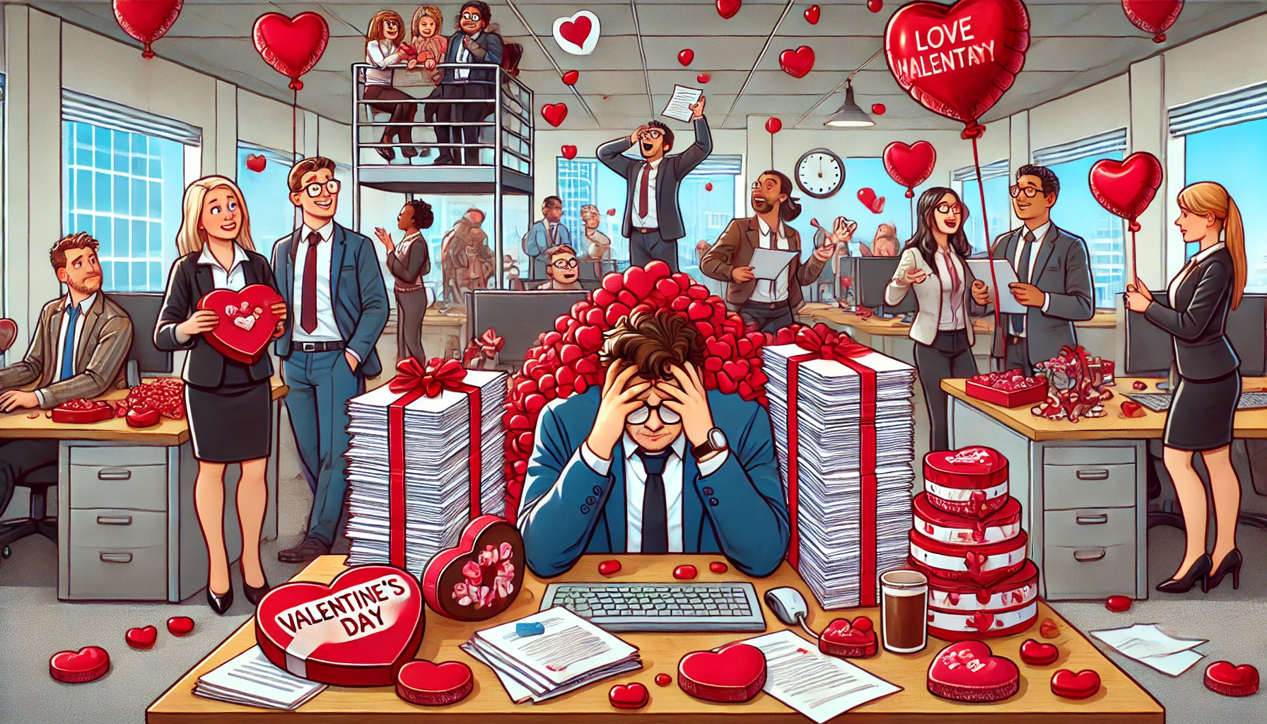 Here is another 16:9 illustration of an office on Valentine's Day. This time, the focus is on a stressed employee trying to work while being overwhelmed by heart-shaped decorations and excessive chocolate gifts from colleagues. The atmosphere is mixed—some coworkers are gossiping, others are rolling their eyes, and a few are genuinely enjoying the festive mood. The combination of a corporate setting with overly romantic decorations creates a humorous and slightly awkward workplace scene. Let me know if you'd like any adjustments!