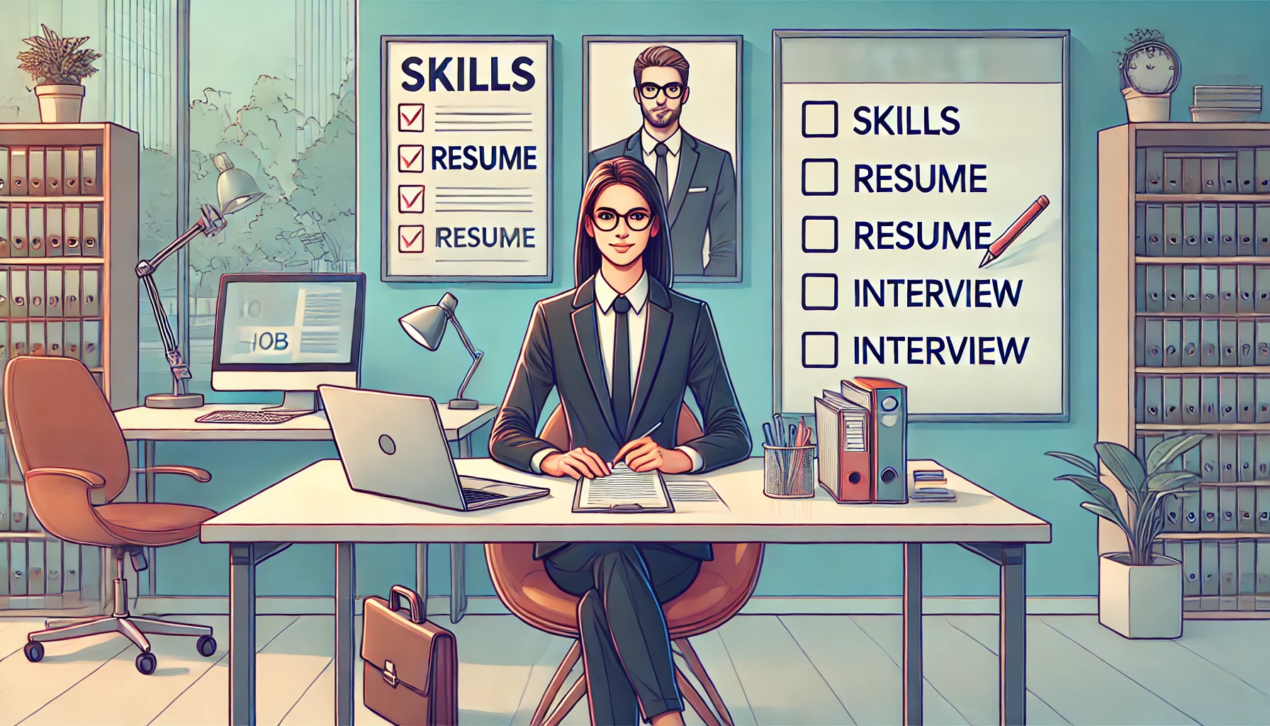 This illustration portrays the essence of transitioning to an office job with no prior experience. The scene features a young professional sitting at a desk in a modern, bright office environment, exuding confidence and motivation. The desk is neatly arranged with a laptop, stationery, and a checklist, symbolizing careful preparation. A whiteboard in the background displays key terms like "Skills," "Resume," and "Interview," emphasizing the fundamental steps for success. The soft natural lighting and organized setting create an inspiring atmosphere for new beginnings in the professional world.