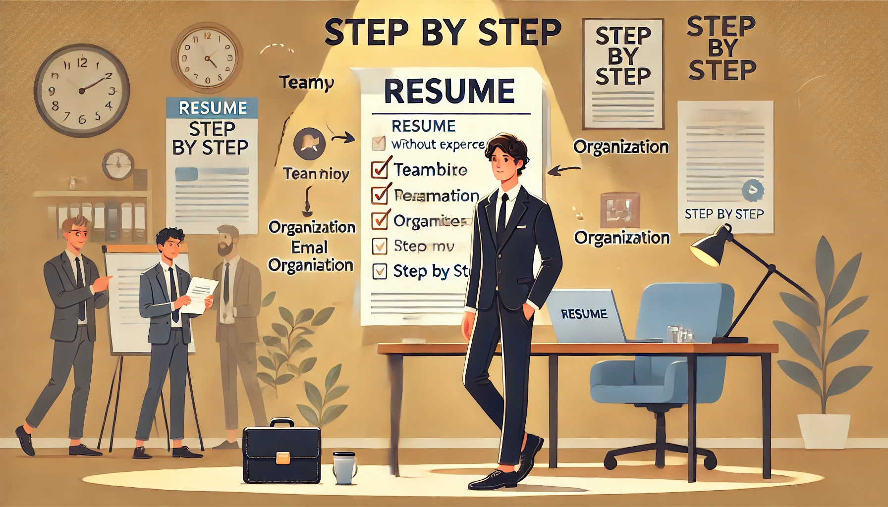 This illustration captures the journey of transitioning into an office job with no prior experience. A young professional stands confidently beside a desk, holding a document labeled "Resume," featuring highlighted keywords like "Teamwork" and "Organization." The desk displays an open laptop showing a professional email draft and a cup of coffee, symbolizing productivity. The background includes a motivational poster that reads "Step by Step," reinforcing the idea of progress and growth. The warm and bright lighting creates an encouraging and welcoming atmosphere.
