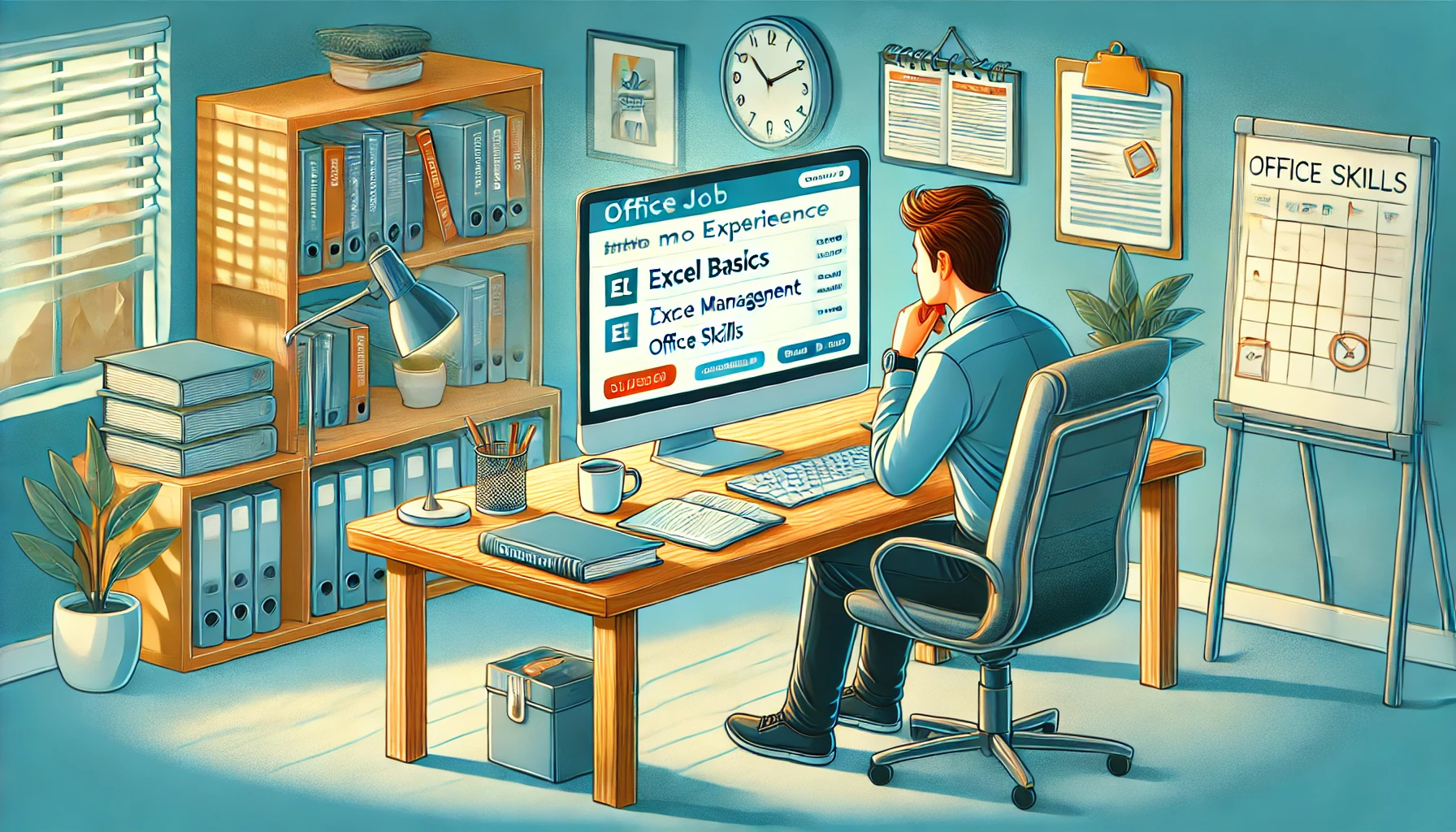 This illustration showcases the preparation process for transitioning to an office job without prior experience. The young individual is seated at a desk, focused on a computer screen displaying an online learning platform featuring courses like "Excel Basics" and "Office Skills." The desk is tidy, with a notebook, pen, and coffee cup symbolizing a productive and organized mindset. A bookshelf in the background holds books such as "Time Management" and "Business Communication," emphasizing the pursuit of knowledge. The bright, focused atmosphere reflects dedication and progress.
