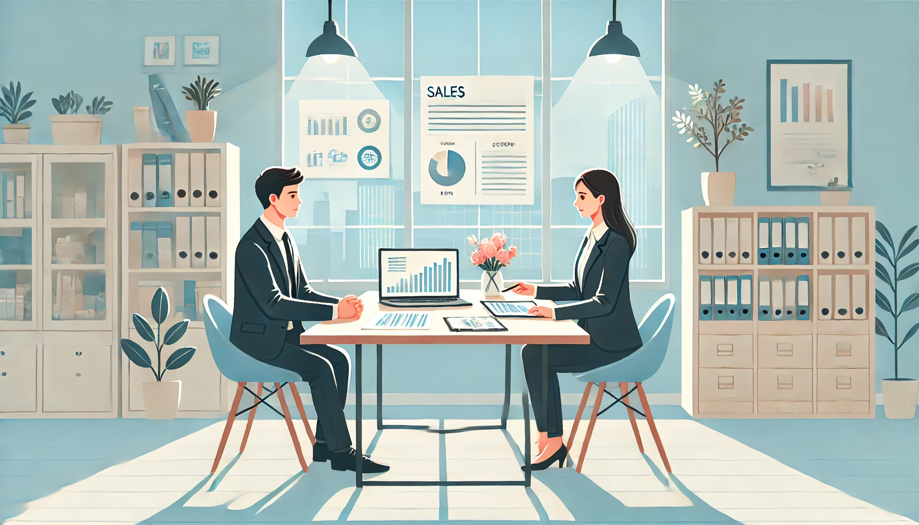 This illustration portrays a professional sales meeting in a bright, modern office. A salesperson, dressed in business attire, is seated at a table across from a client. The salesperson is confidently presenting documents and data on a tablet, featuring colorful graphs and charts. The client is shown actively listening and engaging with questions. The office setting is welcoming, with large windows allowing natural sunlight to fill the room. Shelves lined with books and decorative office plants enhance the environment, adding warmth and professionalism. The illustration uses a clean, flat design style with soft colors and simple lines, making it visually appealing and easy to understand. It effectively captures the essence of clear communication and professionalism in sales interactions.
